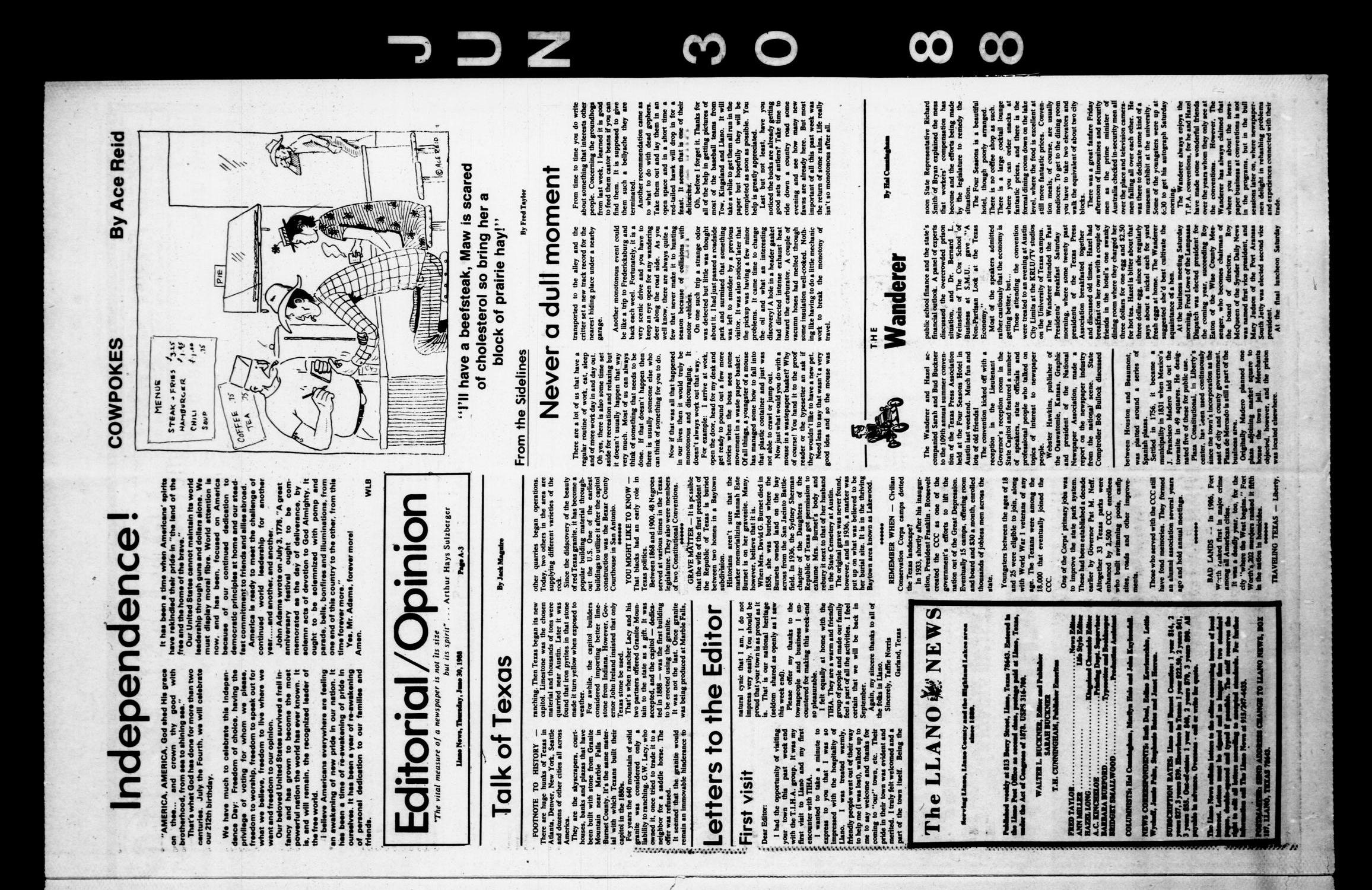 The Llano News (Llano, Tex.), Vol. 97, No. 35, Ed. 1 Thursday, June 30, 1988
                                                
                                                    [Sequence #]: 3 of 17
                                                