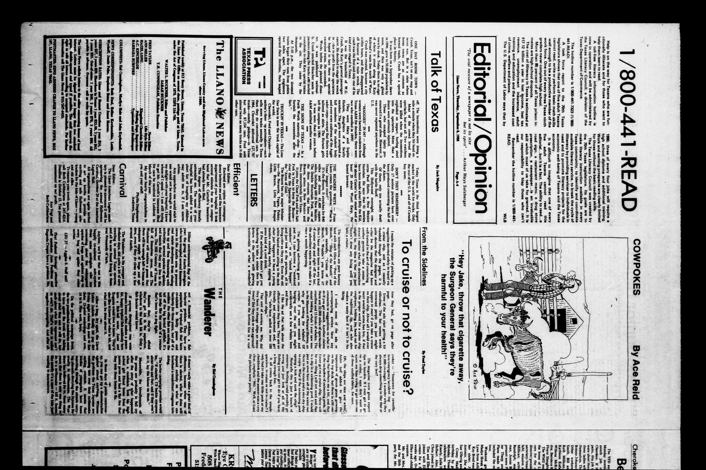 The Llano News (Llano, Tex.), Vol. 97, No. 46, Ed. 1 Thursday, September 8, 1988
                                                
                                                    [Sequence #]: 4 of 19
                                                