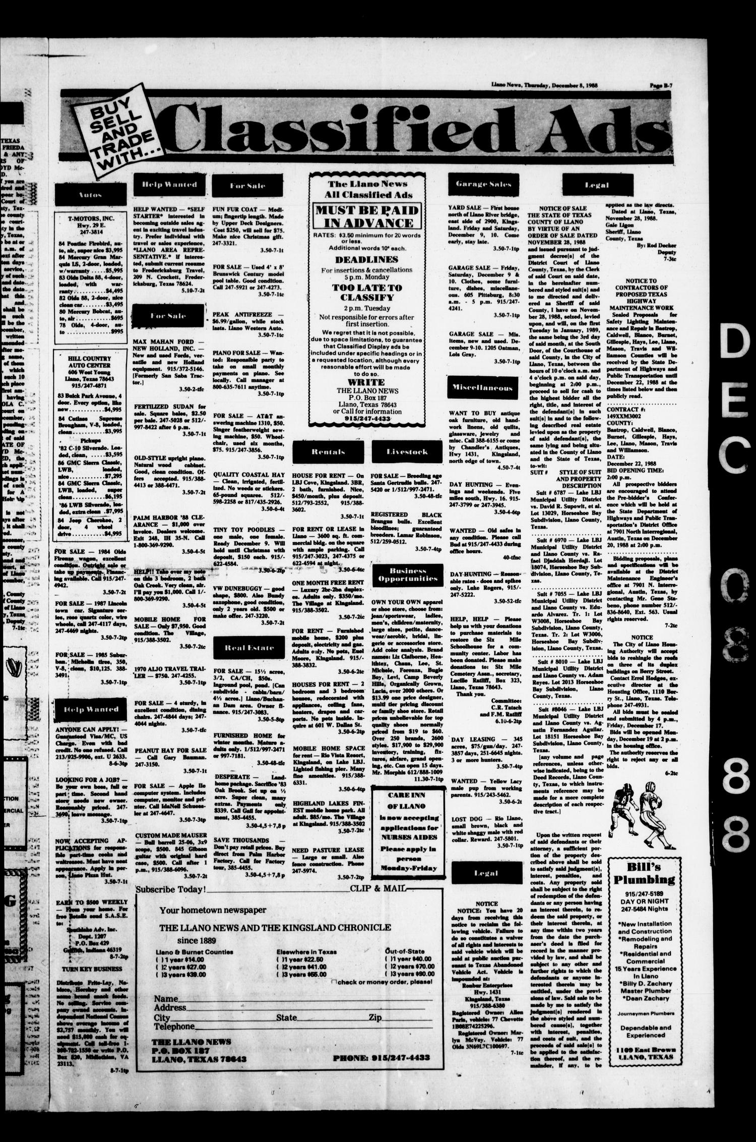 The Llano News (Llano, Tex.), Vol. 99, No. 7, Ed. 1 Thursday, December 8, 1988
                                                
                                                    [Sequence #]: 17 of 26
                                                