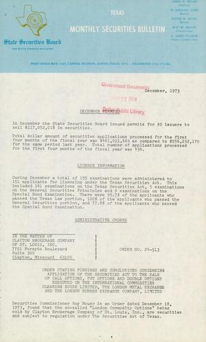 Primary view of object titled 'Texas Monthly Securities Bulletin, December 1973'.