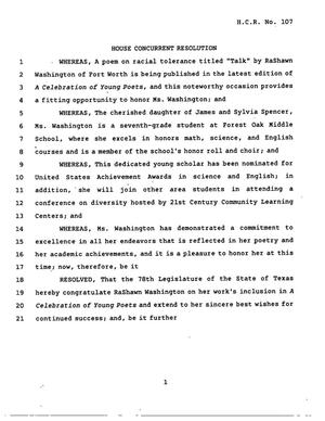 Primary view of object titled '78th Texas Legislature, Regular Session, House Concurrent Resolution 107'.