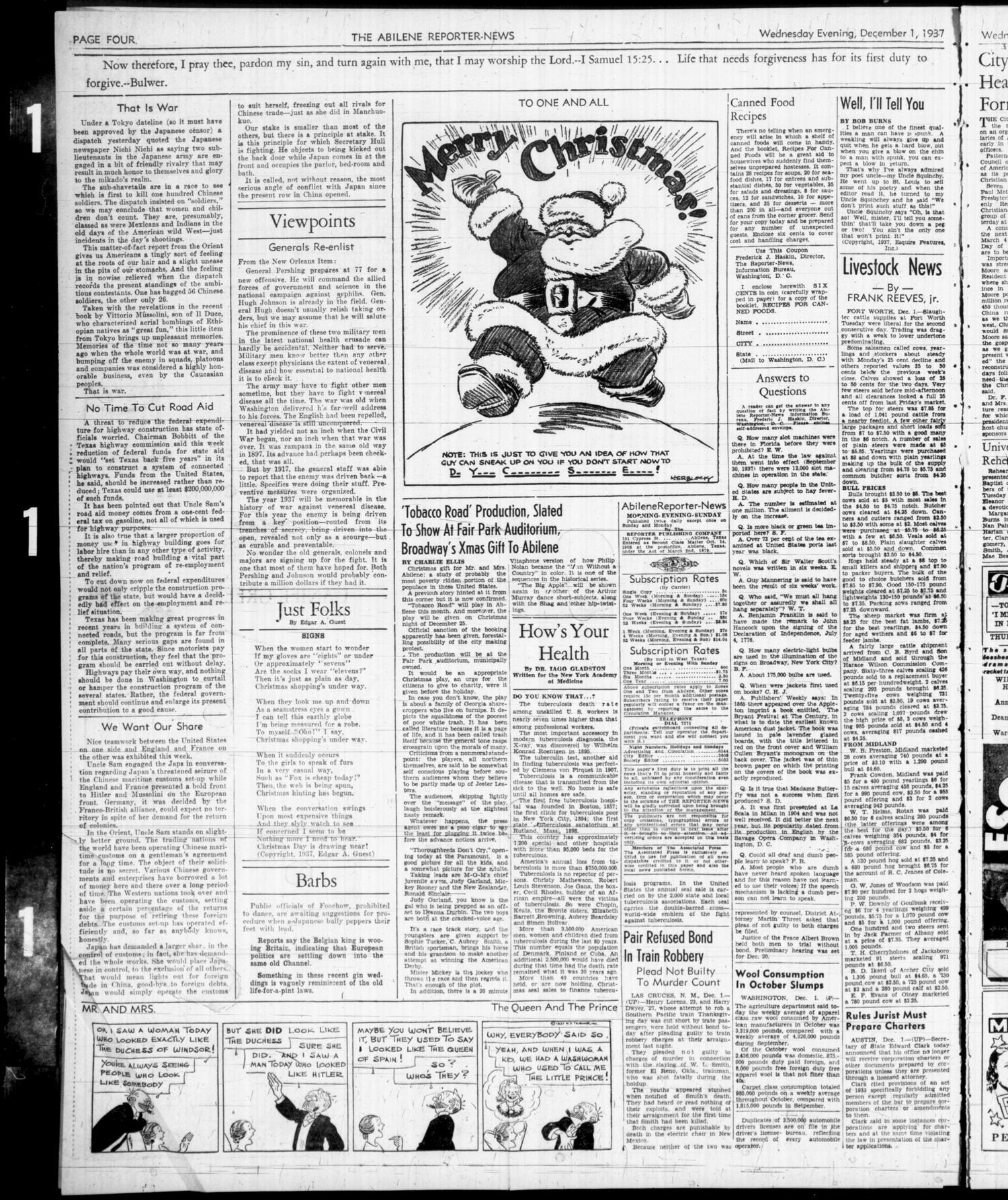 The Abilene Reporter-News (Abilene, Tex.), Vol. 57, No. 199, Ed. 2 Wednesday, December 1, 1937
                                                
                                                    [Sequence #]: 4 of 10
                                                
