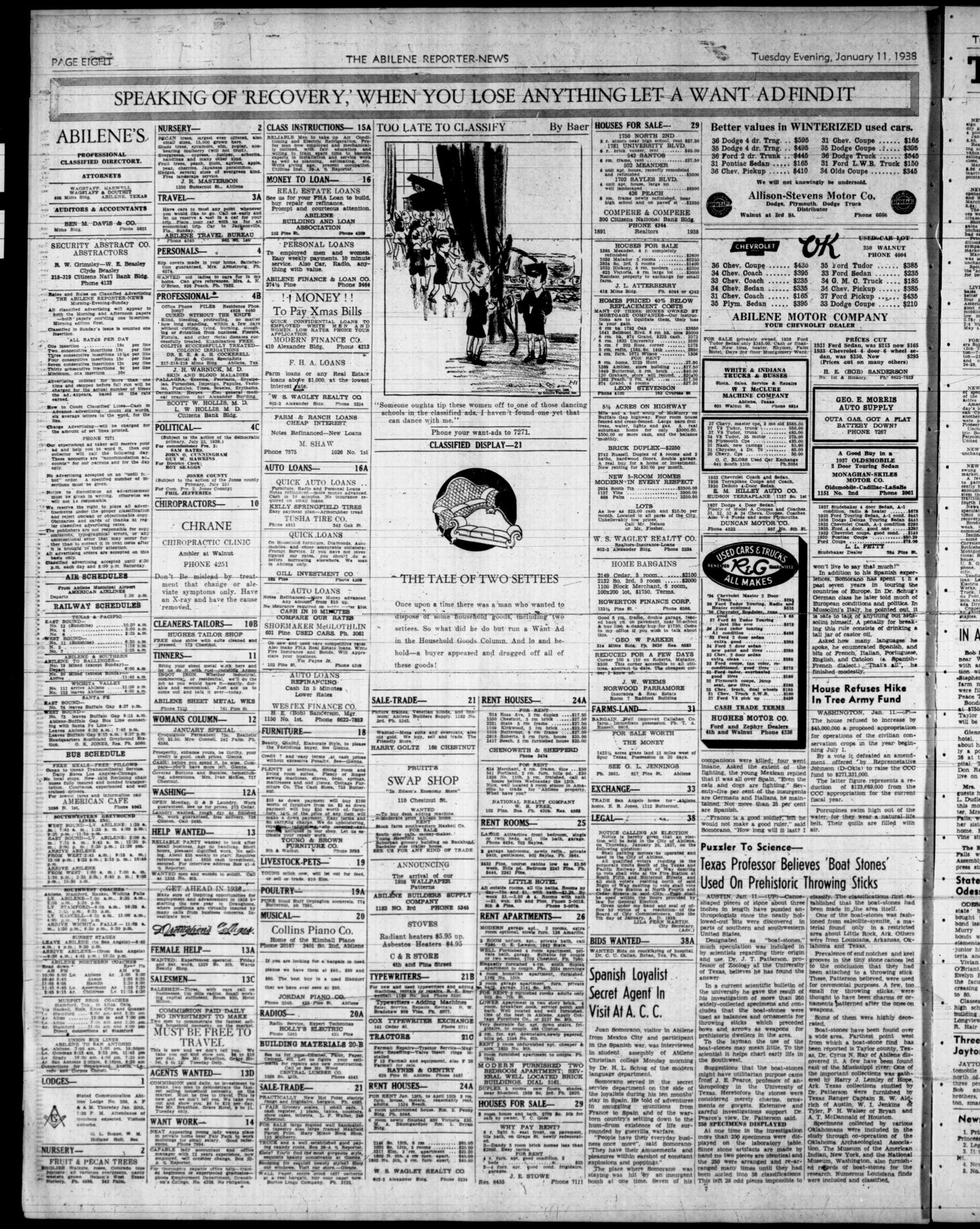 The Abilene Reporter-News (Abilene, Tex.), Vol. 57, No. 239, Ed. 2 Tuesday, January 11, 1938
                                                
                                                    [Sequence #]: 8 of 10
                                                