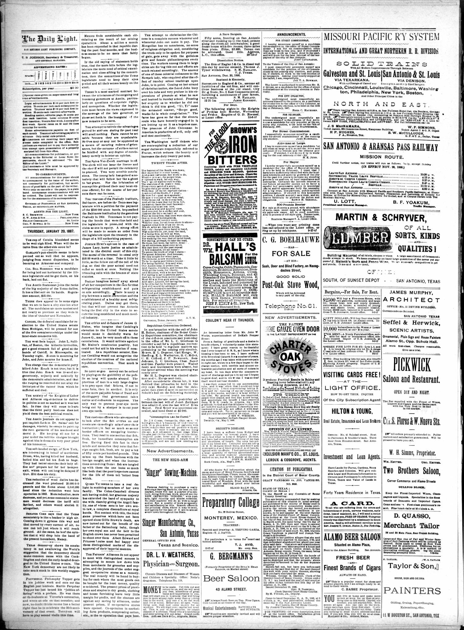 San Antonio Daily Light. (San Antonio, Tex.), Vol. 7, No. 1, Ed. 1 Thursday, January 20, 1887
                                                
                                                    [Sequence #]: 2 of 4
                                                
