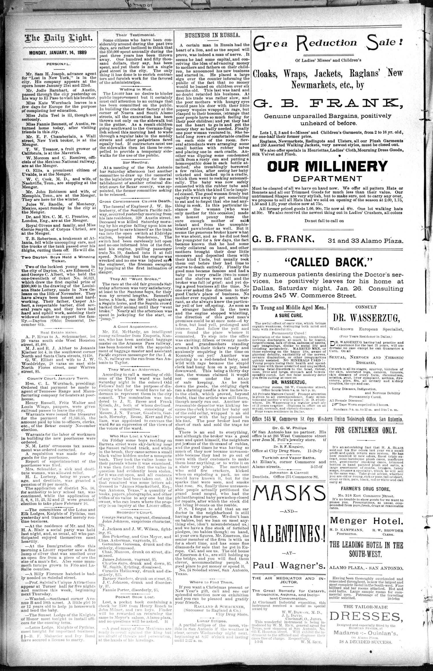 San Antonio Daily Light. (San Antonio, Tex.), Vol. 8, No. 284, Ed. 1 Monday, January 14, 1889
                                                
                                                    [Sequence #]: 4 of 8
                                                