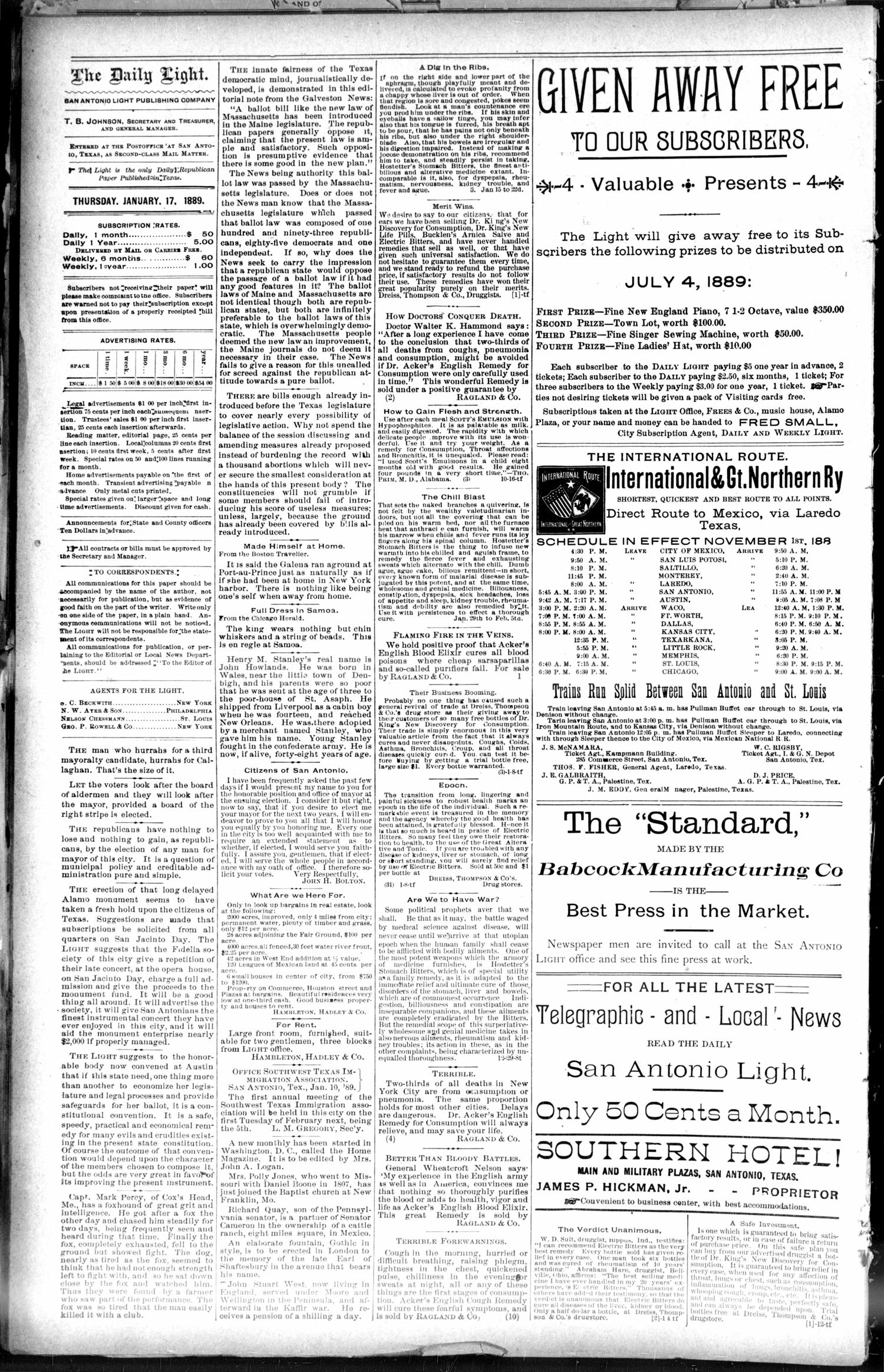 San Antonio Daily Light. (San Antonio, Tex.), Vol. 8, No. 287, Ed. 1 Thursday, January 17, 1889
                                                
                                                    [Sequence #]: 2 of 8
                                                
