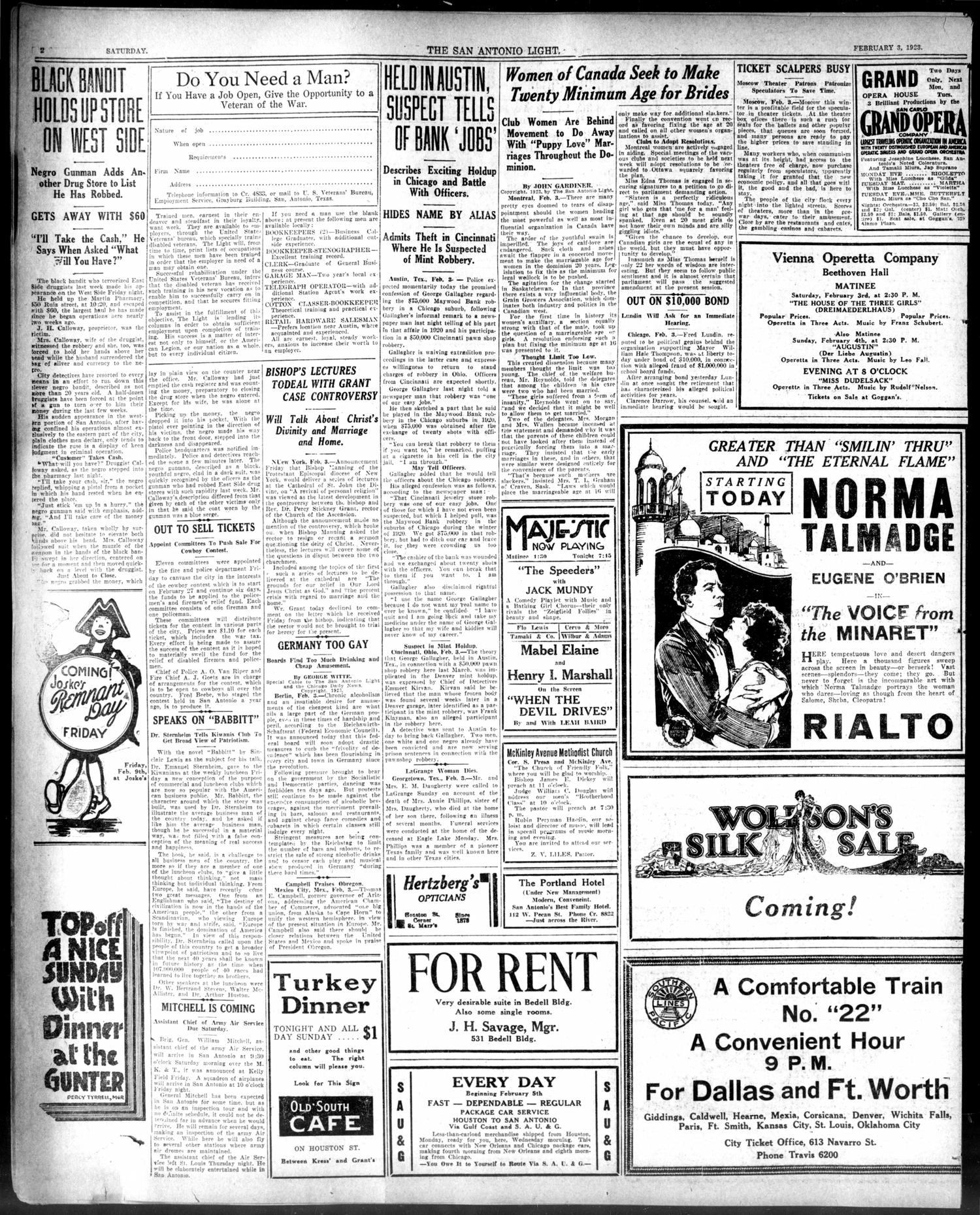 The San Antonio Light (San Antonio, Tex.), Vol. 43, No. 15, Ed. 1 Saturday, February 3, 1923
                                                
                                                    [Sequence #]: 2 of 12
                                                