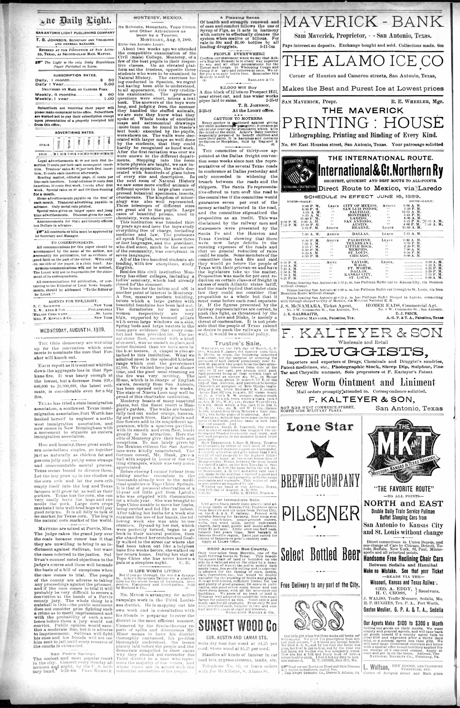San Antonio Daily Light. (San Antonio, Tex.), Vol. 9, No. 173, Ed. 1 Wednesday, August 14, 1889
                                                
                                                    [Sequence #]: 2 of 8
                                                