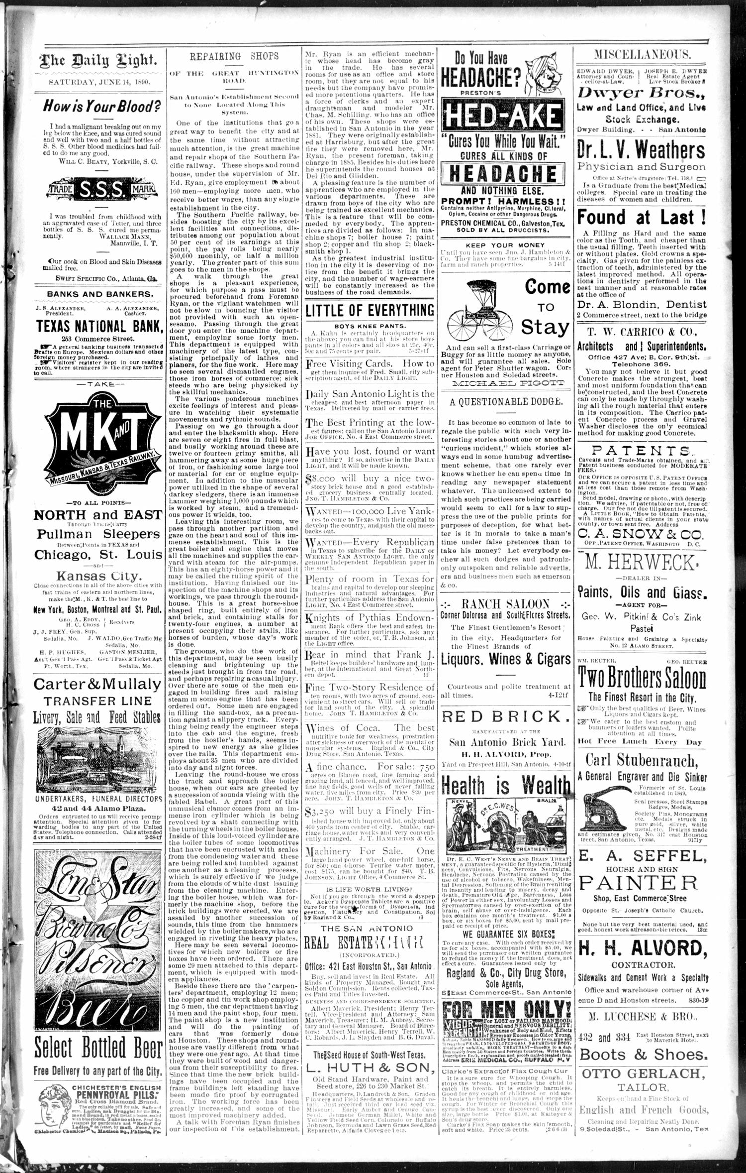 San Antonio Daily Light. (San Antonio, Tex.), Vol. 10, No. 122, Ed. 1 Saturday, June 14, 1890
                                                
                                                    [Sequence #]: 3 of 10
                                                