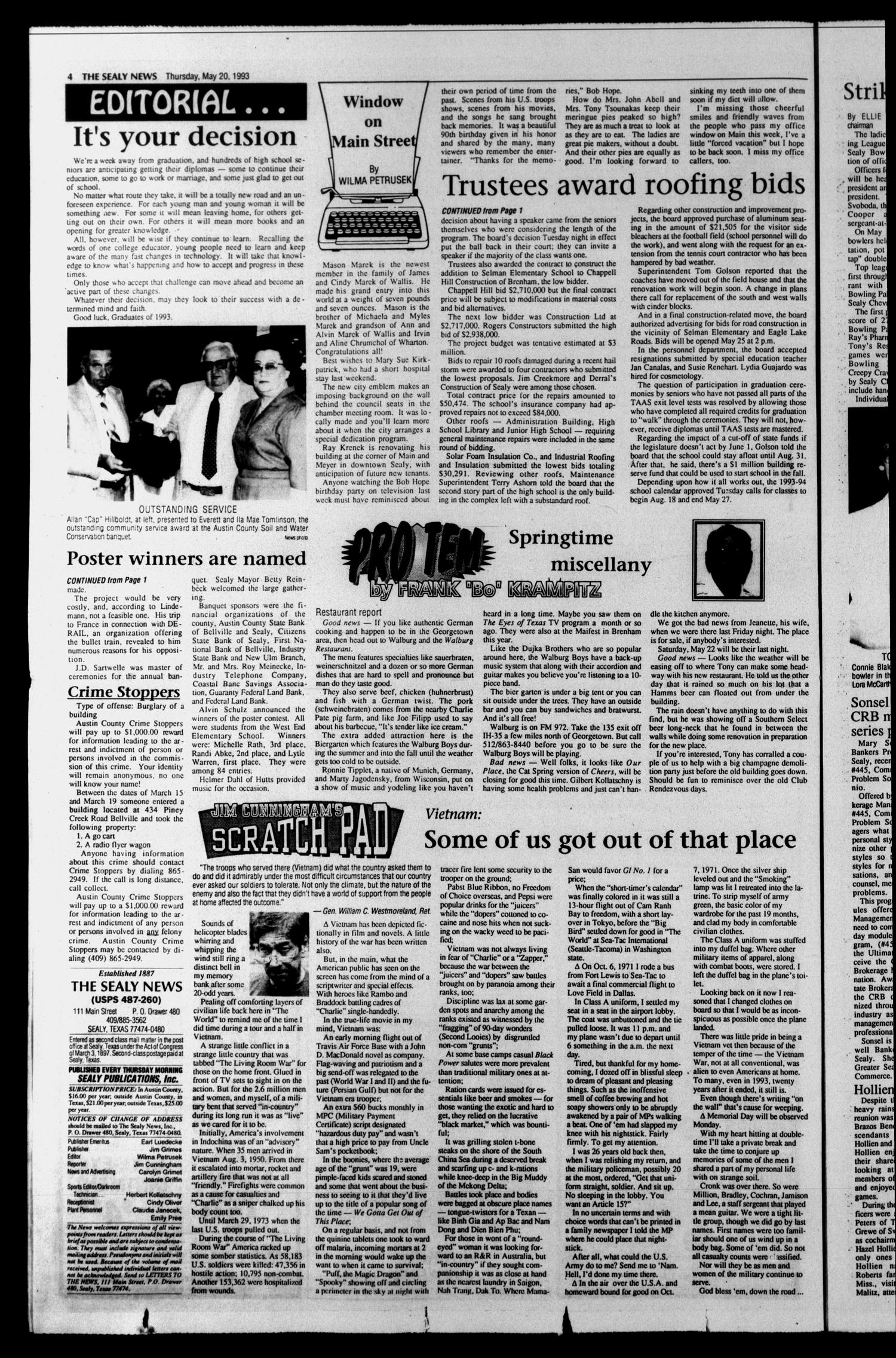 The Sealy News (Sealy, Tex.), Vol. 106, No. 11, Ed. 1 Thursday, May 20, 1993
                                                
                                                    [Sequence #]: 4 of 22
                                                