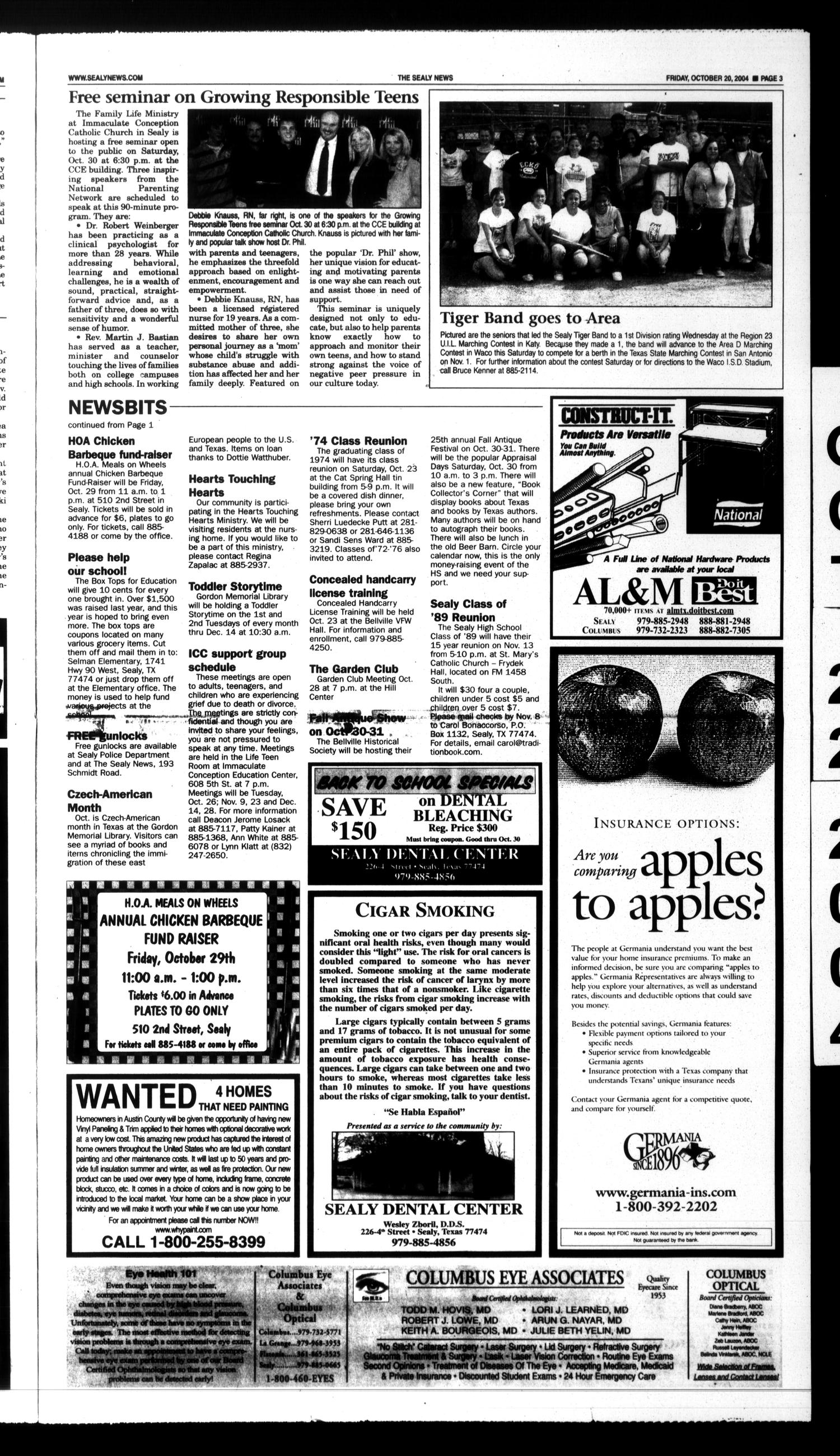 The Sealy News (Sealy, Tex.), Vol. 117, No. 85, Ed. 1 Friday, October 22, 2004
                                                
                                                    [Sequence #]: 3 of 16
                                                