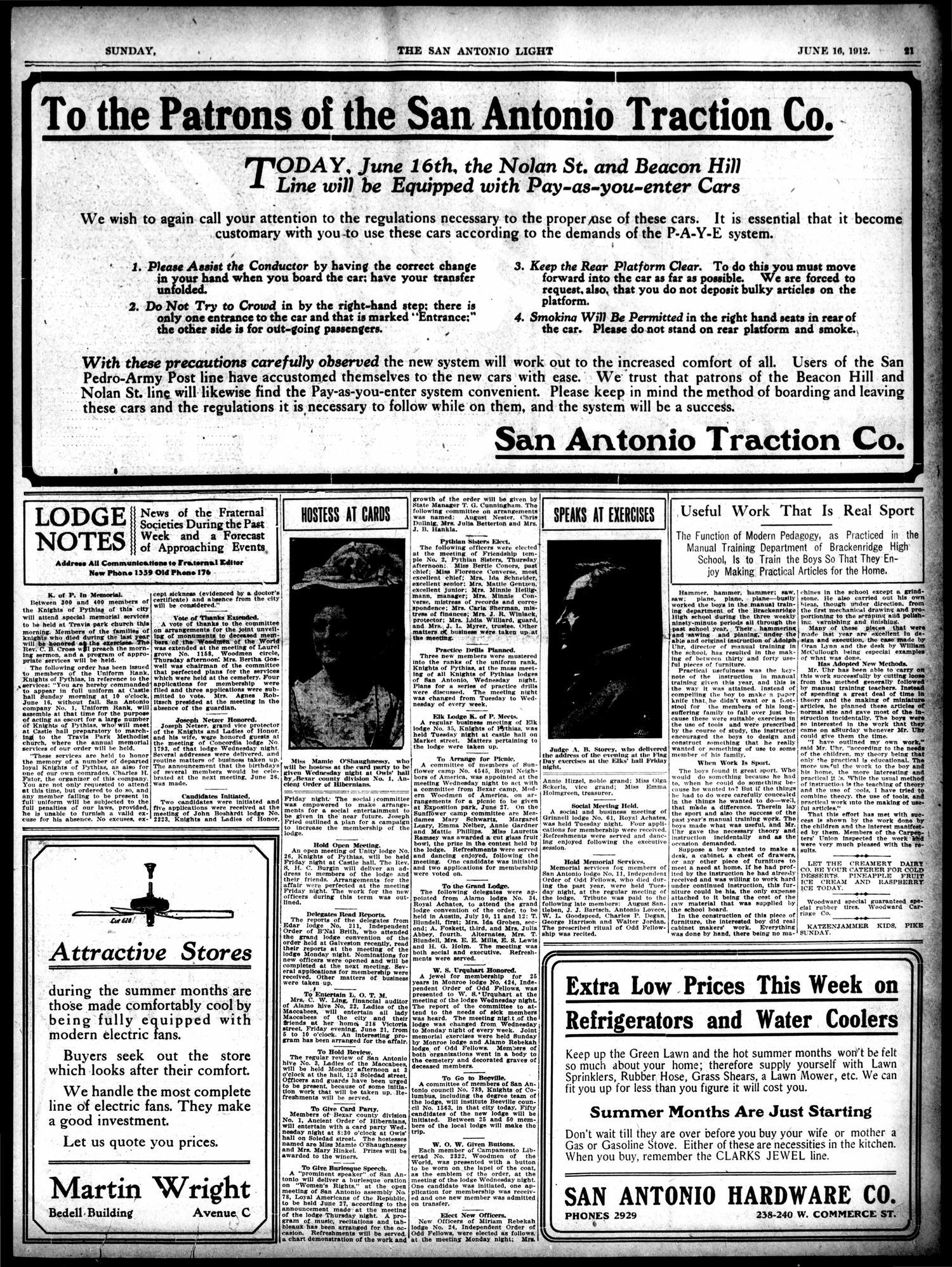The San Antonio Light (San Antonio, Tex.), Vol. 33, No. 147, Ed. 1 Sunday, June 16, 1912
                                                
                                                    [Sequence #]: 21 of 46
                                                