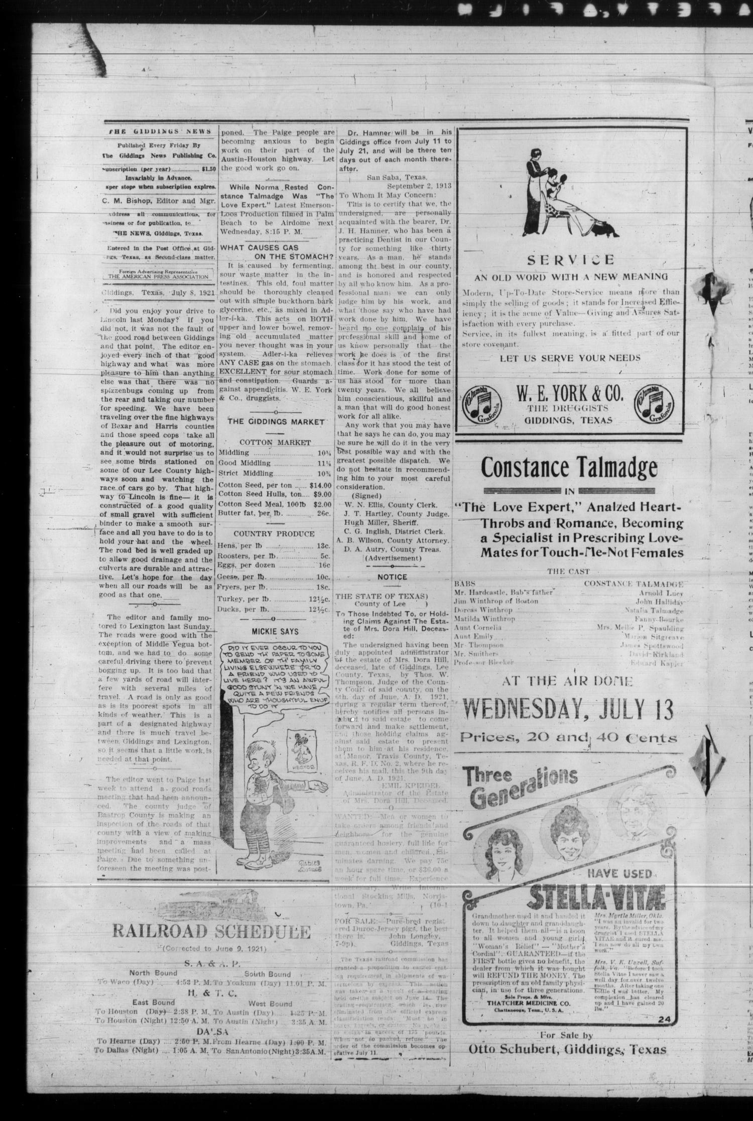 The Giddings News. (Giddings, Tex.), Vol. 33, No. 9, Ed. 1 Friday, July 8, 1921
                                                
                                                    [Sequence #]: 4 of 8
                                                