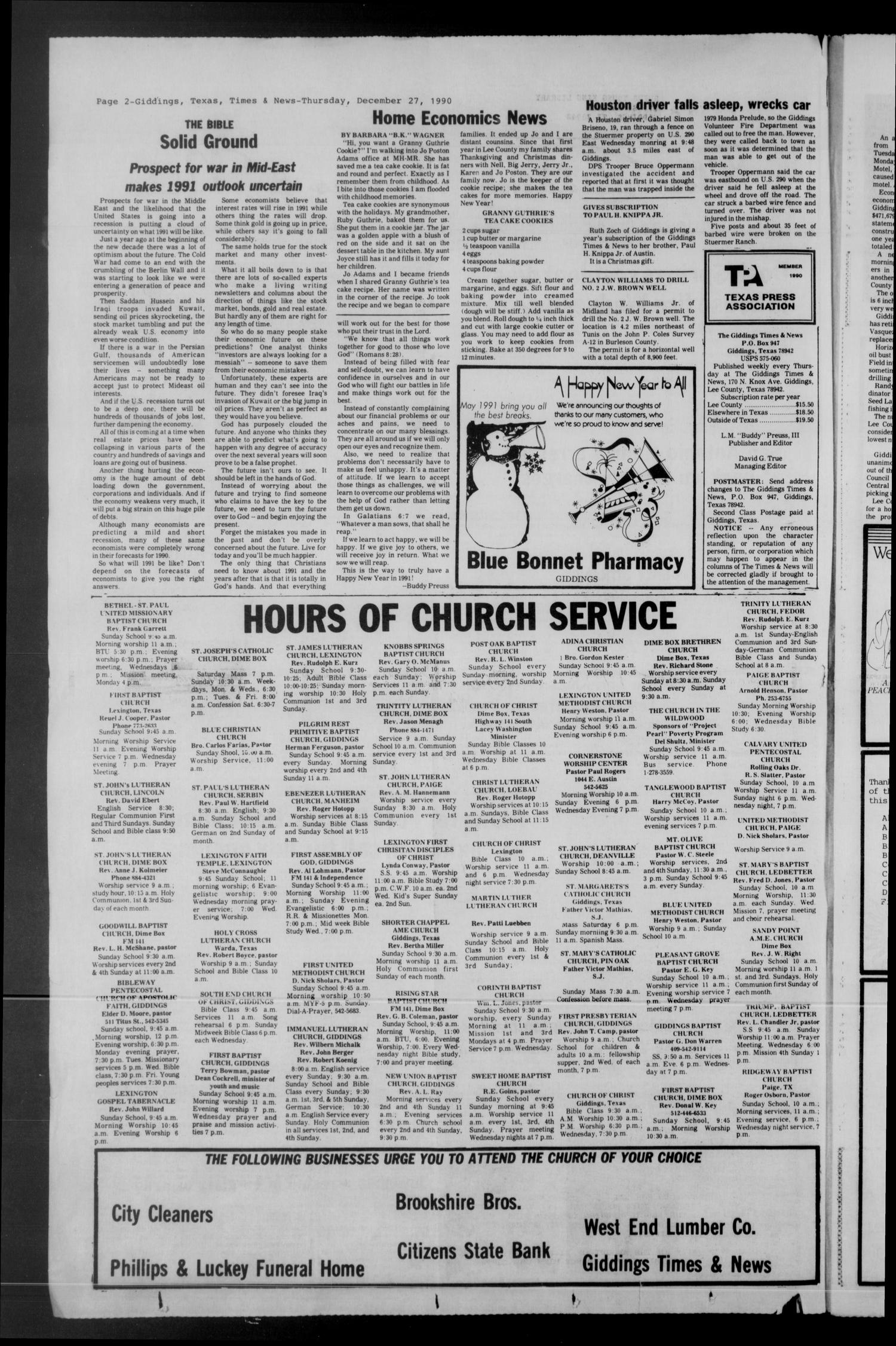 The Giddings Times & News (Giddings, Tex.), Vol. 101, No. 27, Ed. 1 Thursday, December 27, 1990
                                                
                                                    [Sequence #]: 2 of 16
                                                