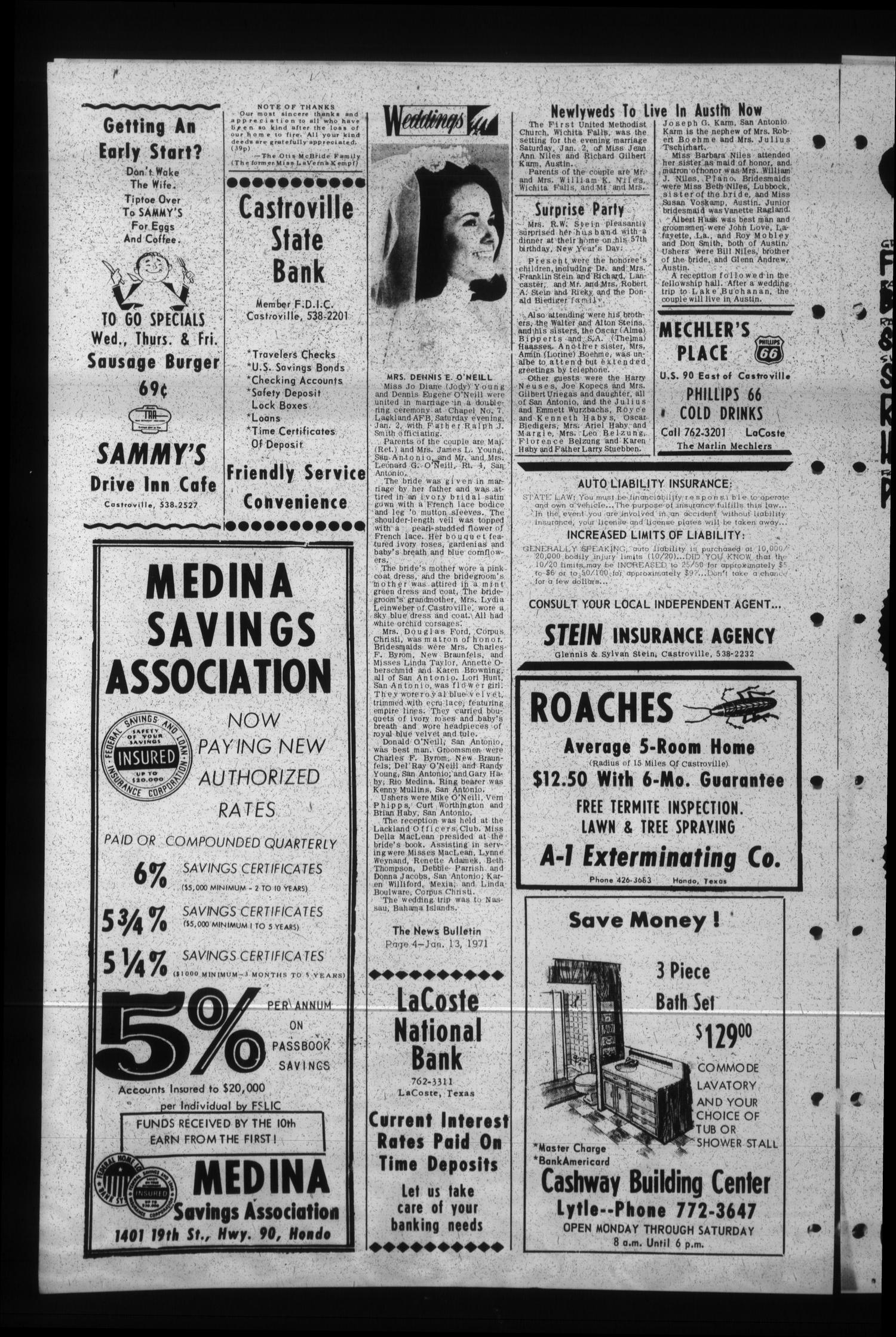 Medina Valley and County News Bulletin (Castroville, Tex.), Vol. 11, No. 39, Ed. 1 Wednesday, January 13, 1971
                                                
                                                    [Sequence #]: 4 of 10
                                                