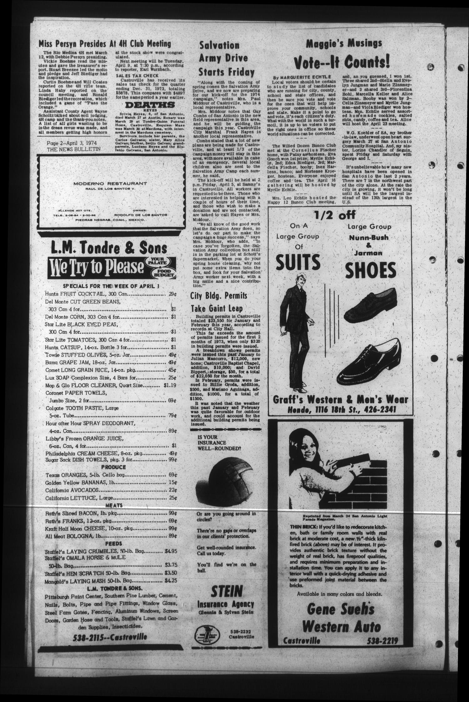 Medina Valley and County News Bulletin (Castroville, Tex.), Vol. 15, No. 51, Ed. 1 Wednesday, April 3, 1974
                                                
                                                    [Sequence #]: 2 of 14
                                                