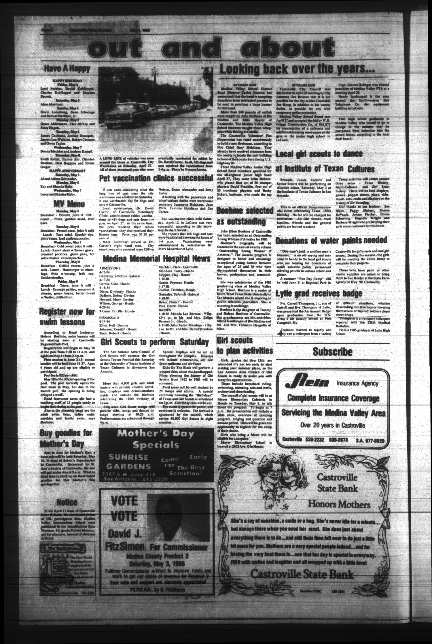 Castroville News Bulletin (Castroville, Tex.), Vol. 27, No. 18, Ed. 1 Thursday, May 1, 1986
                                                
                                                    [Sequence #]: 2 of 18
                                                
