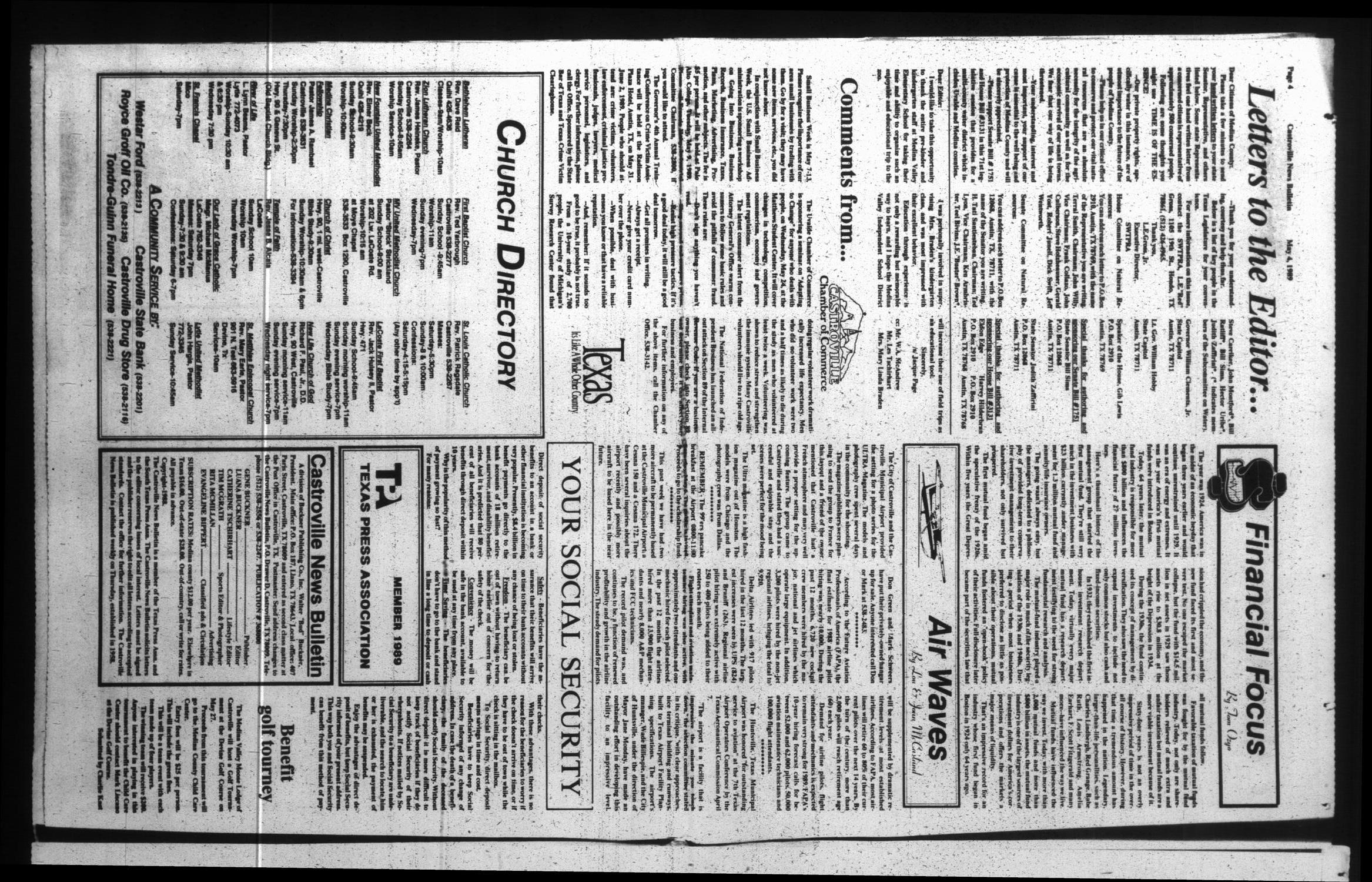 Castroville News Bulletin (Castroville, Tex.), Vol. 30, No. 18, Ed. 1 Thursday, May 4, 1989
                                                
                                                    [Sequence #]: 4 of 14
                                                