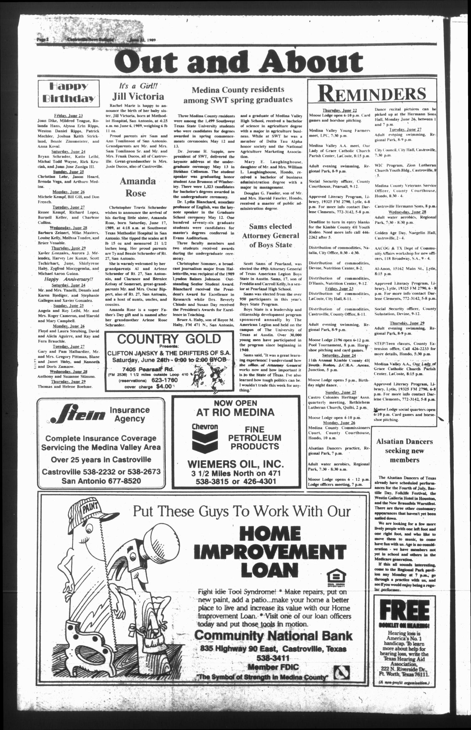 Castroville News Bulletin (Castroville, Tex.), Vol. 30, No. 25, Ed. 1 Thursday, June 22, 1989
                                                
                                                    [Sequence #]: 2 of 10
                                                