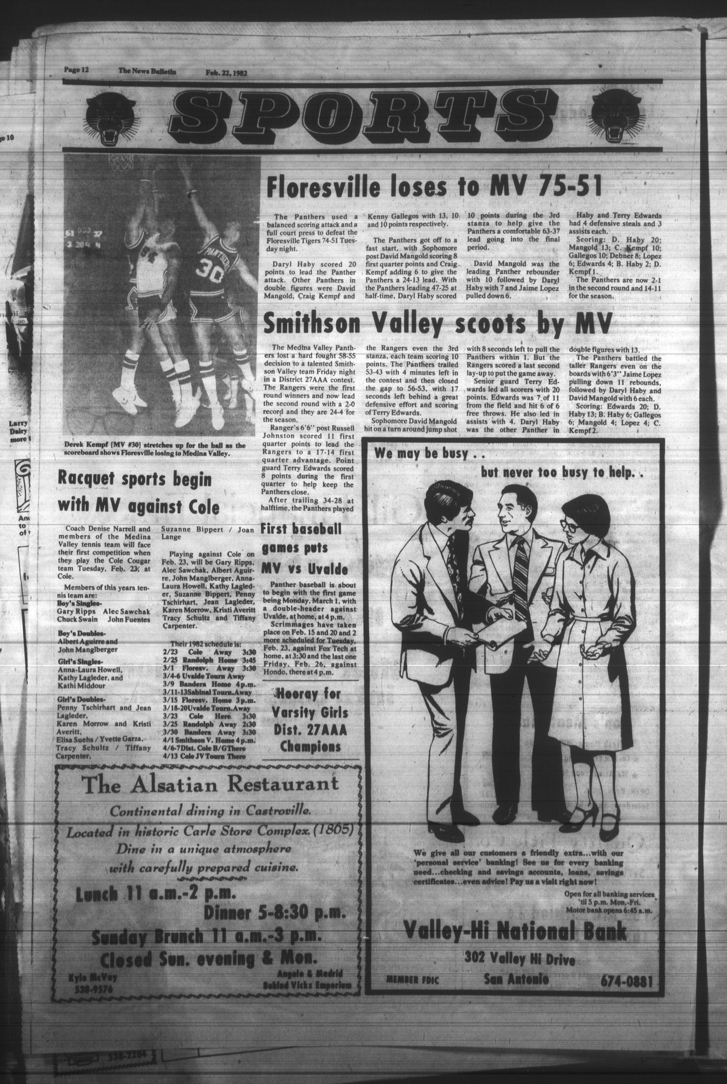 News Bulletin (Castroville, Tex.), Vol. 24, No. 8, Ed. 1 Monday, February 22, 1982
                                                
                                                    [Sequence #]: 12 of 16
                                                