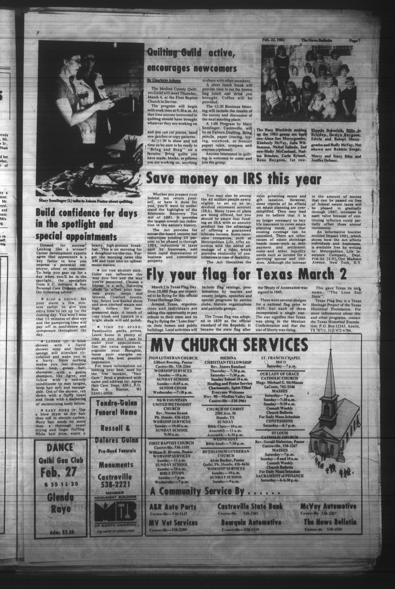News Bulletin (Castroville, Tex.), Vol. 24, No. 8, Ed. 1 Monday, February 22, 1982
                                                
                                                    [Sequence #]: 7 of 16
                                                