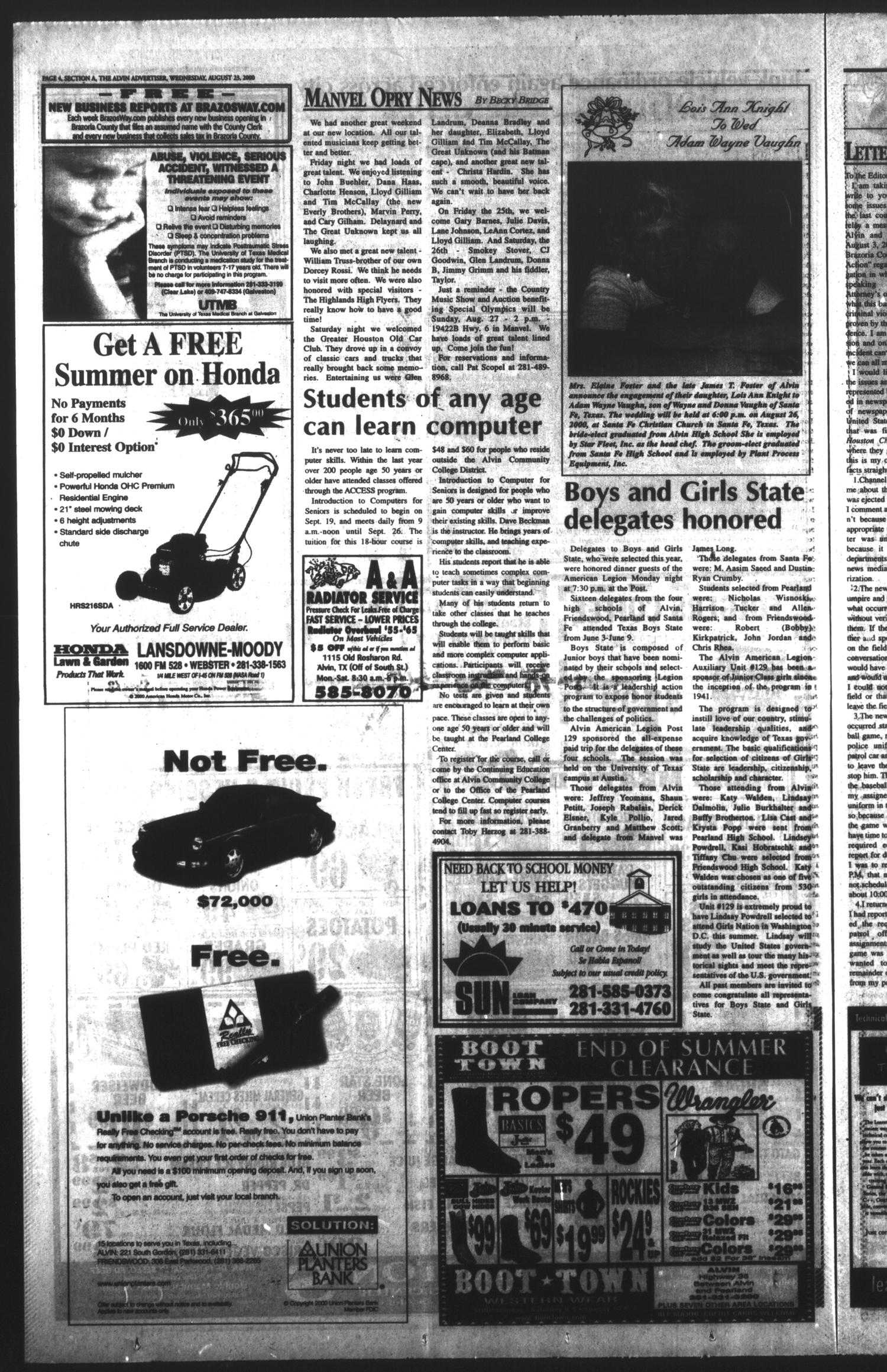 The Alvin Advertiser (Alvin, Tex.), Ed. 1 Wednesday, August 23, 2000
                                                
                                                    [Sequence #]: 4 of 44
                                                