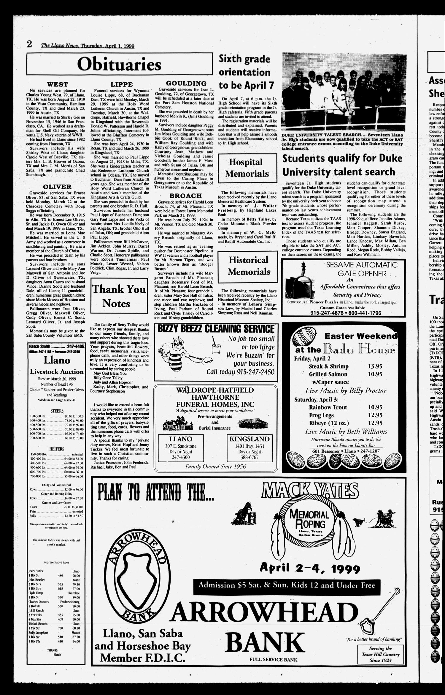 The Llano News (Llano, Tex.), Vol. 111, No. 25, Ed. 1 Thursday, April 1, 1999
                                                
                                                    [Sequence #]: 2 of 20
                                                