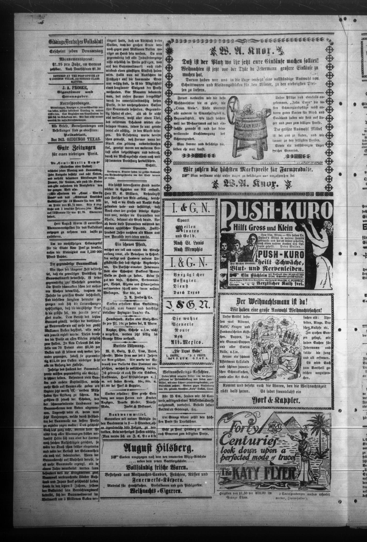 Giddings Deutsches Volksblatt. (Giddings, Tex.), Vol. 6, No. 13, Ed. 1 Thursday, December 15, 1904
                                                
                                                    [Sequence #]: 4 of 8
                                                