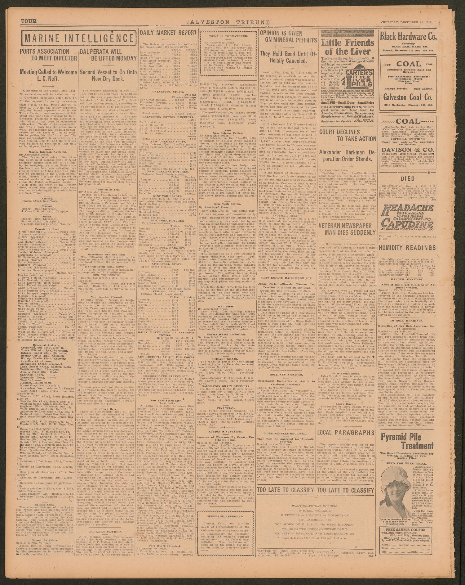 Galveston Tribune. (Galveston, Tex.), Vol. 40, No. 13, Ed. 1 Thursday, December 11, 1919
                                                
                                                    [Sequence #]: 4 of 14
                                                