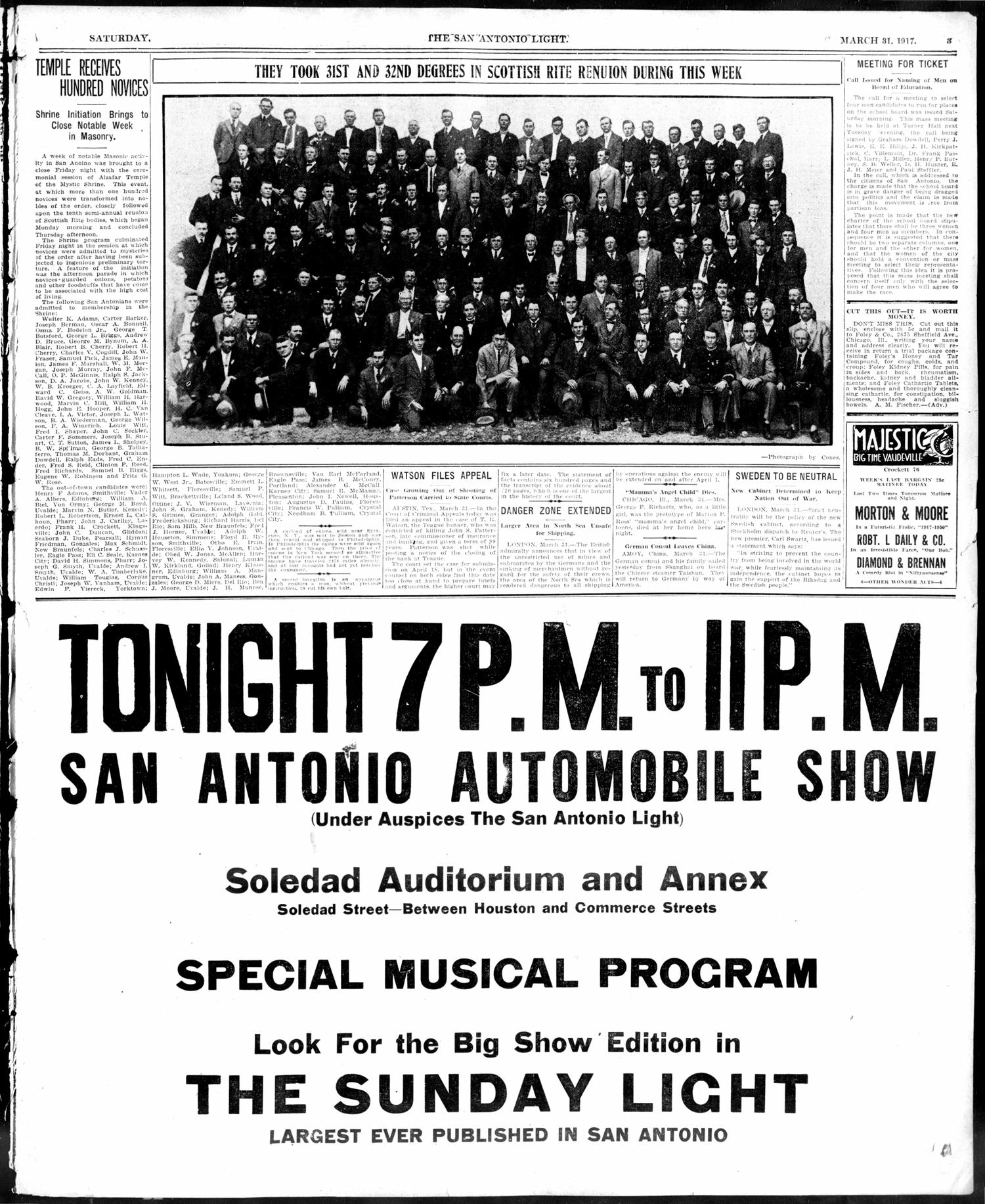 The San Antonio Light (San Antonio, Tex.), Vol. 37, No. 71, Ed. 1 Saturday, March 31, 1917
                                                
                                                    [Sequence #]: 3 of 10
                                                