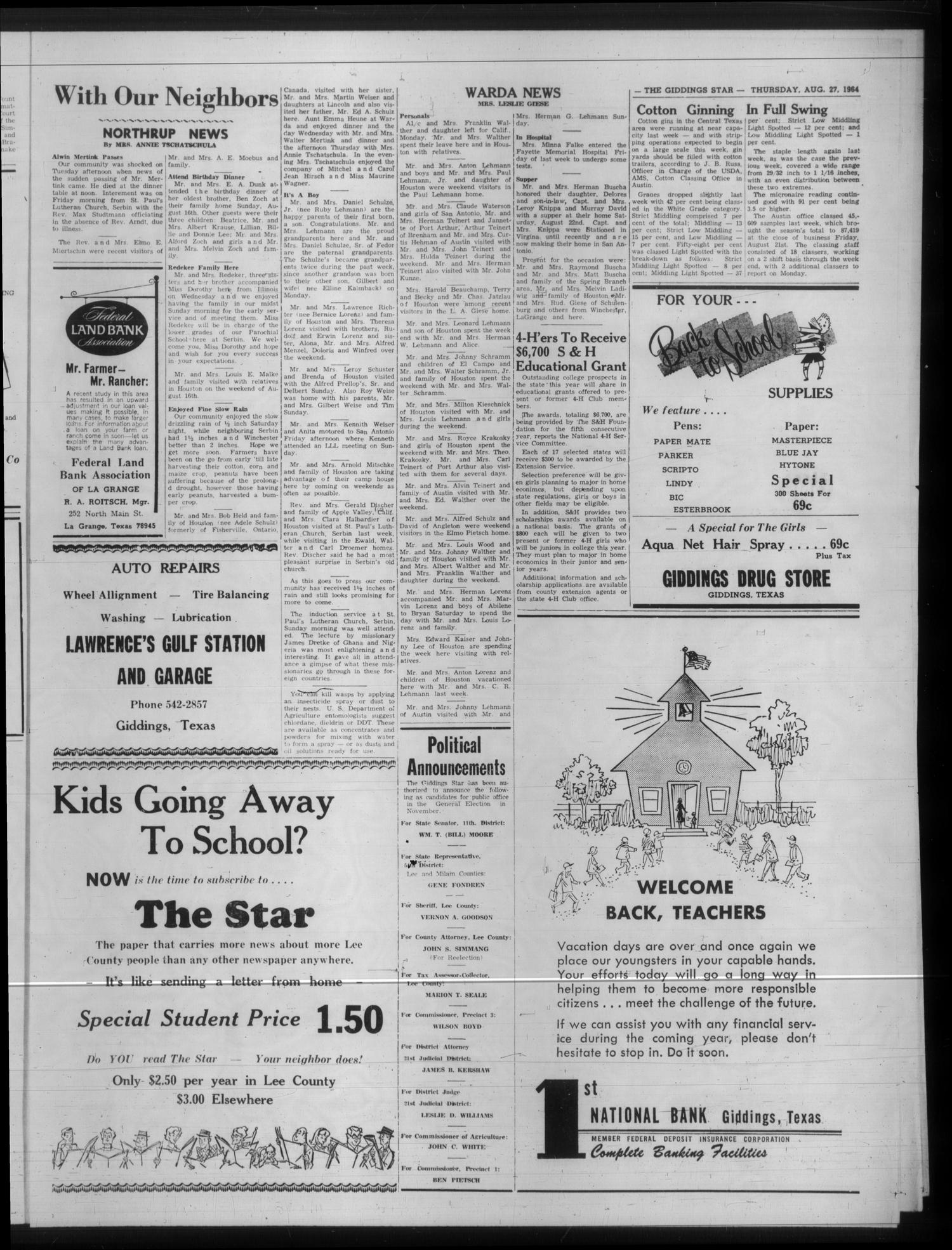 The Giddings Star (Giddings, Tex.), Vol. 25, No. 22, Ed. 1 Thursday, August 27, 1964
                                                
                                                    [Sequence #]: 3 of 8
                                                