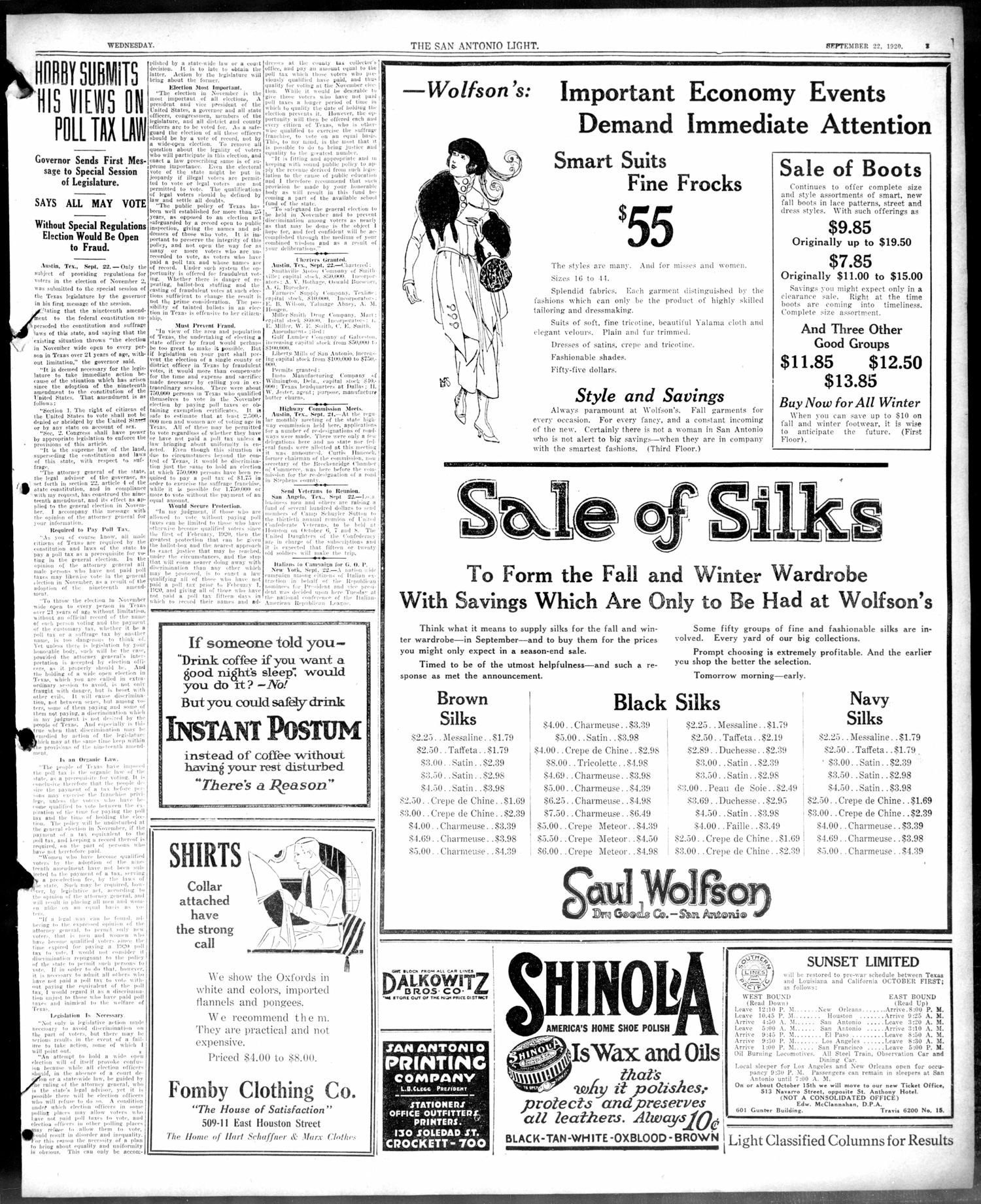 The San Antonio Light (San Antonio, Tex.), Vol. 40, No. 247, Ed. 1 Wednesday, September 22, 1920
                                                
                                                    [Sequence #]: 3 of 18
                                                