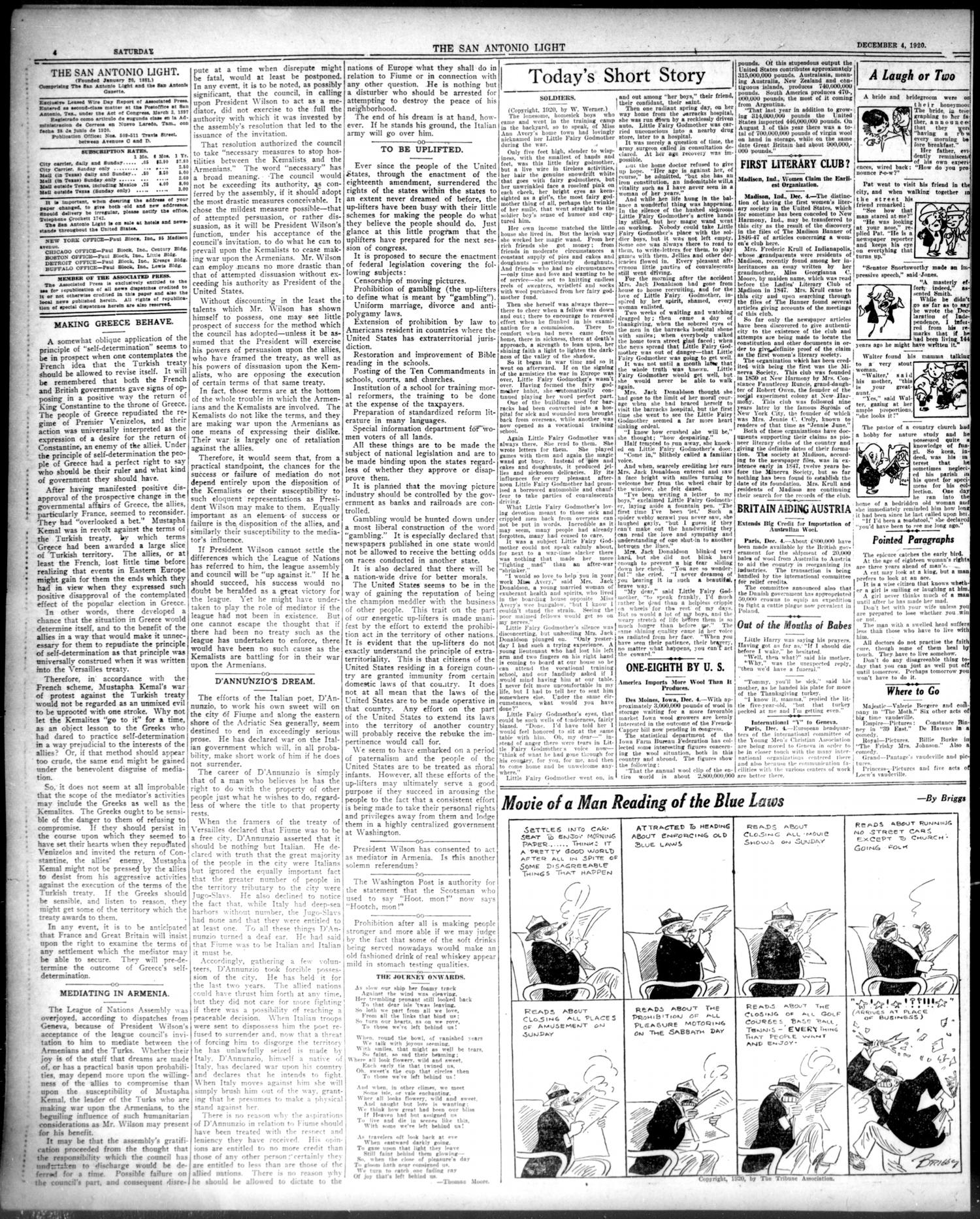 The San Antonio Light (San Antonio, Tex.), Vol. 40, No. 320, Ed. 1 Saturday, December 4, 1920
                                                
                                                    [Sequence #]: 4 of 10
                                                
