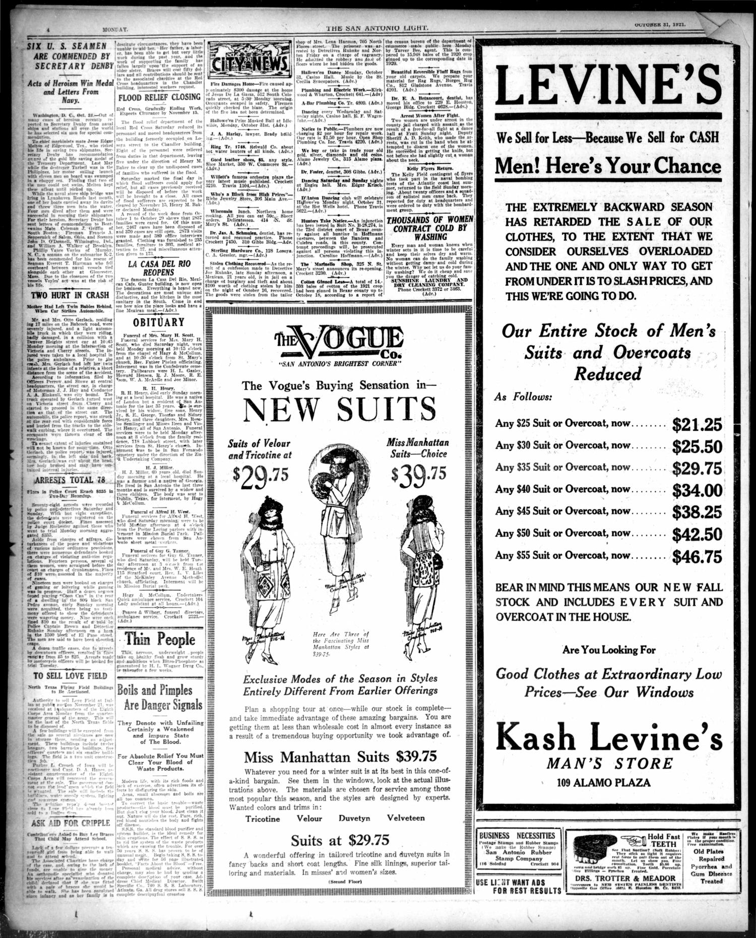 The San Antonio Light (San Antonio, Tex.), Vol. 41, No. 285, Ed. 1 Monday, October 31, 1921
                                                
                                                    [Sequence #]: 4 of 18
                                                