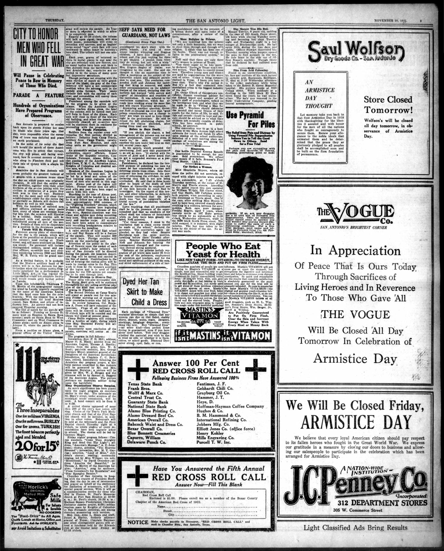 The San Antonio Light (San Antonio, Tex.), Vol. 41, No. 295, Ed. 1 Thursday, November 10, 1921
                                                
                                                    [Sequence #]: 3 of 16
                                                