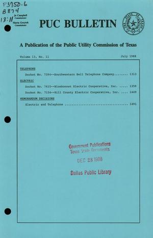 Primary view of object titled 'PUC Bulletin, Volume 13, Number 11, July 1988'.