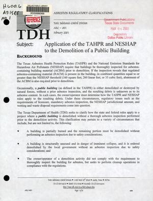Primary view of object titled 'Application of the TAHPR and NESHAP to the Demolition of a Public Building'.