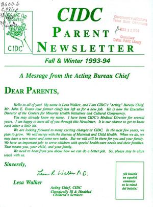 Primary view of object titled 'CIDC Parent Newsletter, Fall & Winter 1993-1994'.