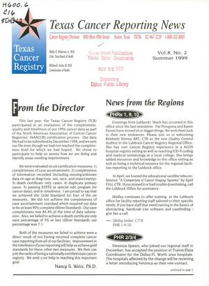 Primary view of object titled 'Texas Cancer Reporting News, Volume 8, Number 2, Summer 1999'.