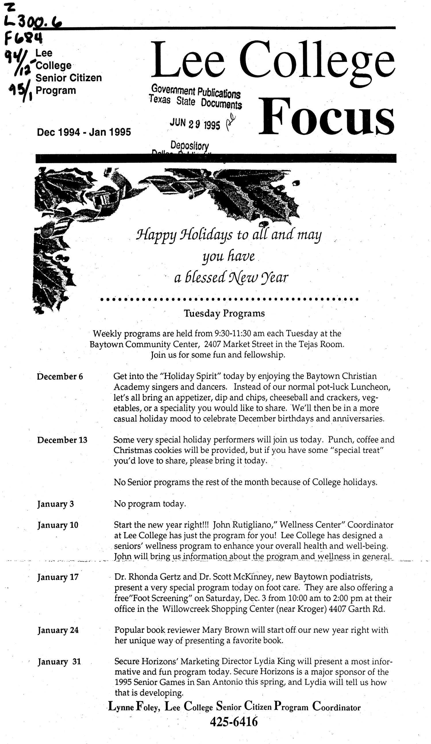 Lee College Focus, December 1994 - January 1995
                                                
                                                    FRONT COVER
                                                