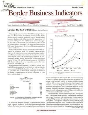 Primary view of object titled 'Border Business Indicators, Volume 27, Number 4, April 2003'.