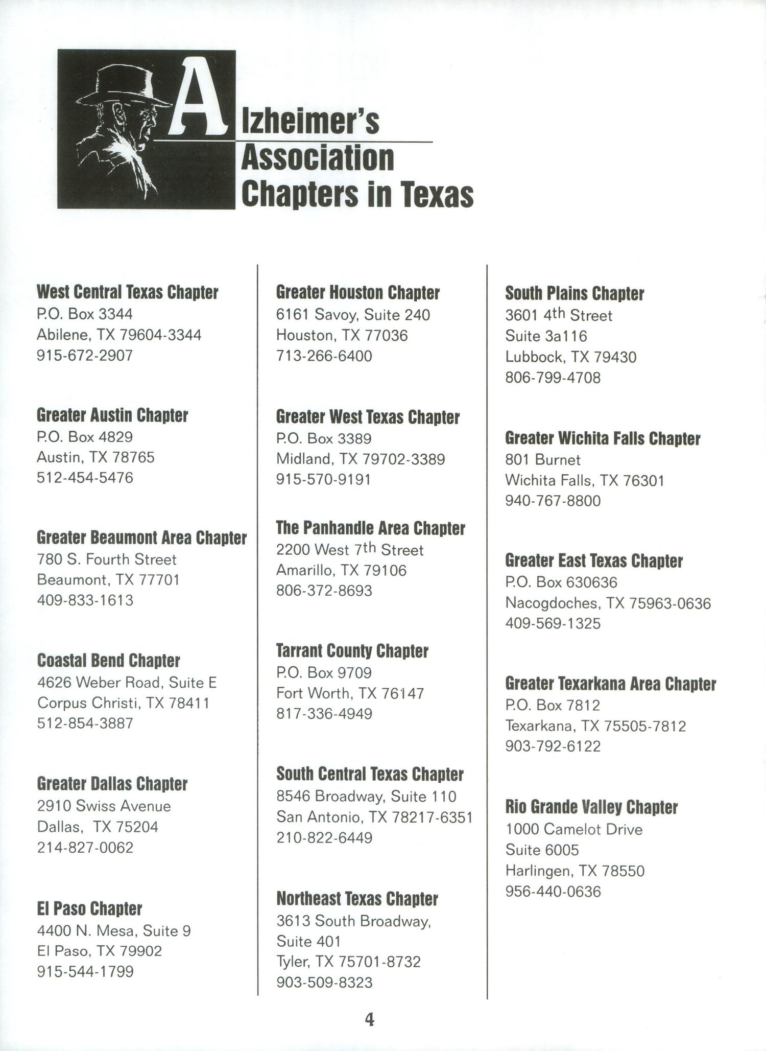 Texas Alzheimer's News, Volume 1, Number 1, Winter 1999
                                                
                                                    4
                                                