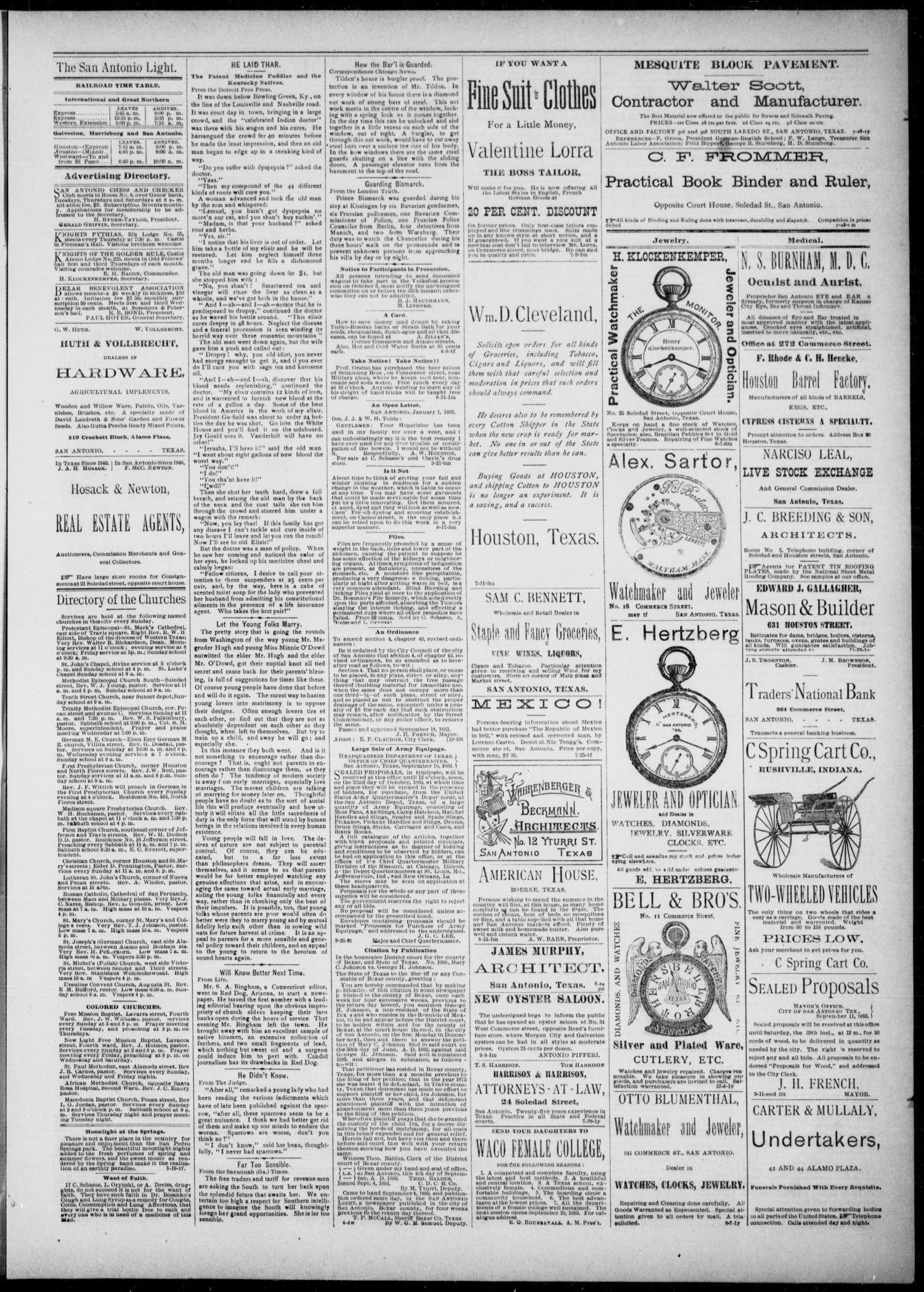 The San Antonio Light (San Antonio, Tex.), Vol. 1, No. 151, Ed. 1, Monday, September 24, 1883
                                                
                                                    [Sequence #]: 3 of 4
                                                