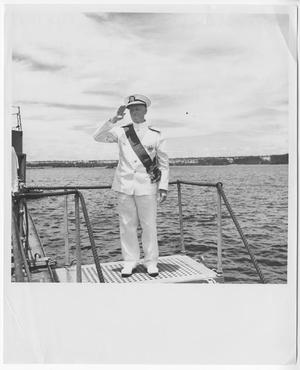 Primary view of object titled '[Admiral Chester W. Nimitz Salutes on Board HMS Duke of York]'.