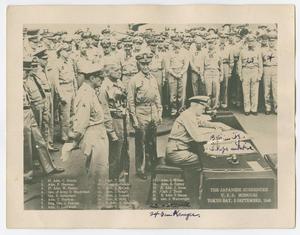 Primary view of object titled '[Chester W. Nimitz Signs the Japanese Instrument of Surrender]'.
