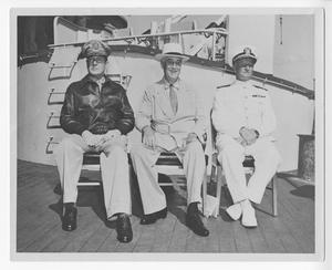 Primary view of object titled '[Douglas MacArthur, Franklin D. Roosevelt, and Chester W. Nimitz Onboard the U.S.S. Baltimore, #2]'.