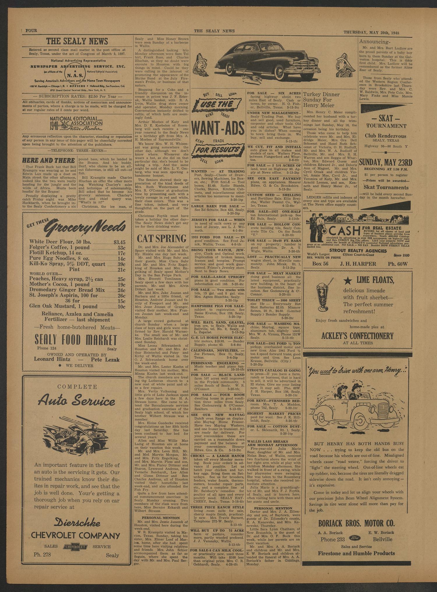 The Sealy News (Sealy, Tex.), Vol. 60, No. 11, Ed. 1 Thursday, May 20, 1948
                                                
                                                    [Sequence #]: 4 of 8
                                                