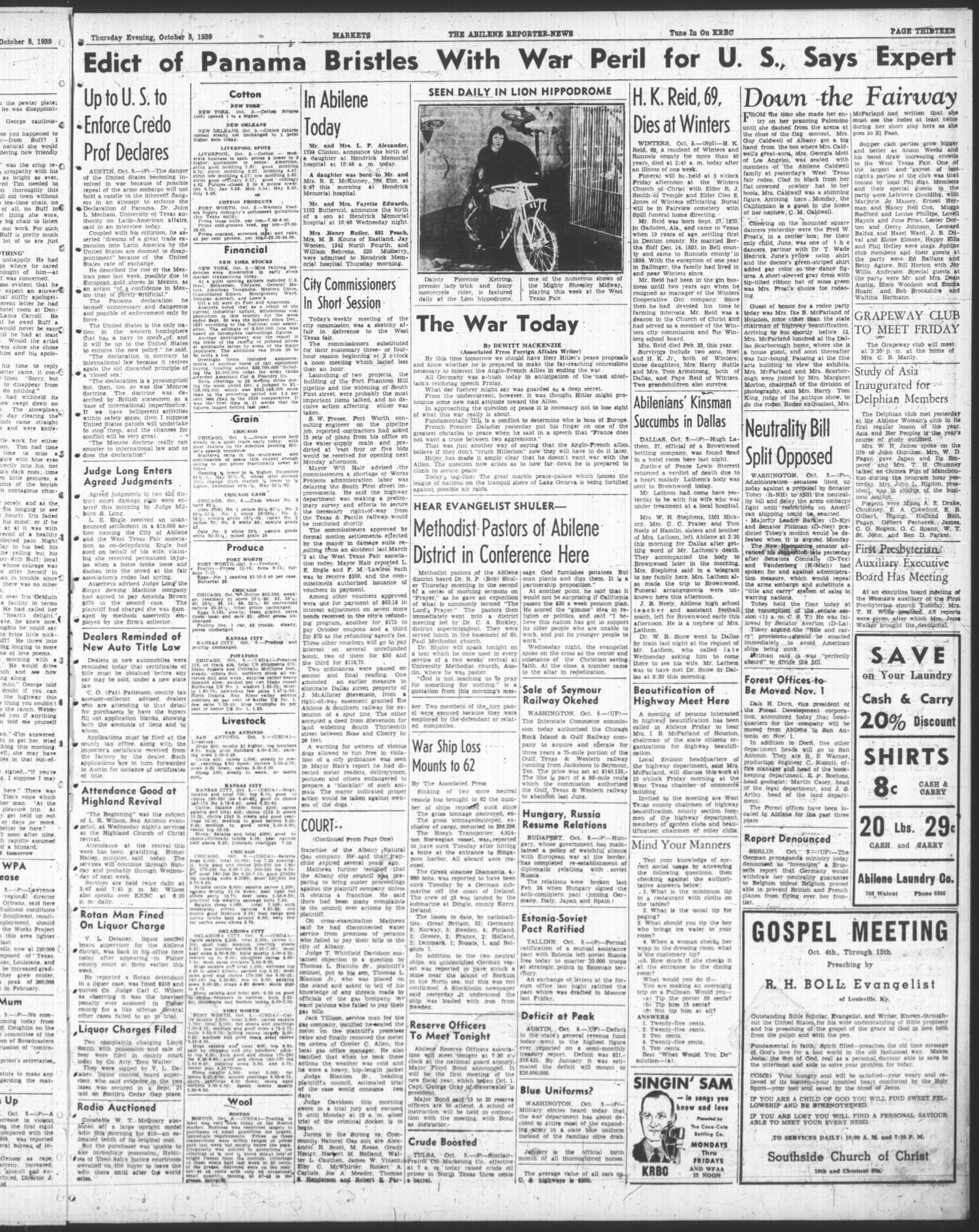 The Abilene Reporter-News (Abilene, Tex.), Vol. 59, No. 127, Ed. 2 Thursday, October 5, 1939
                                                
                                                    [Sequence #]: 13 of 14
                                                