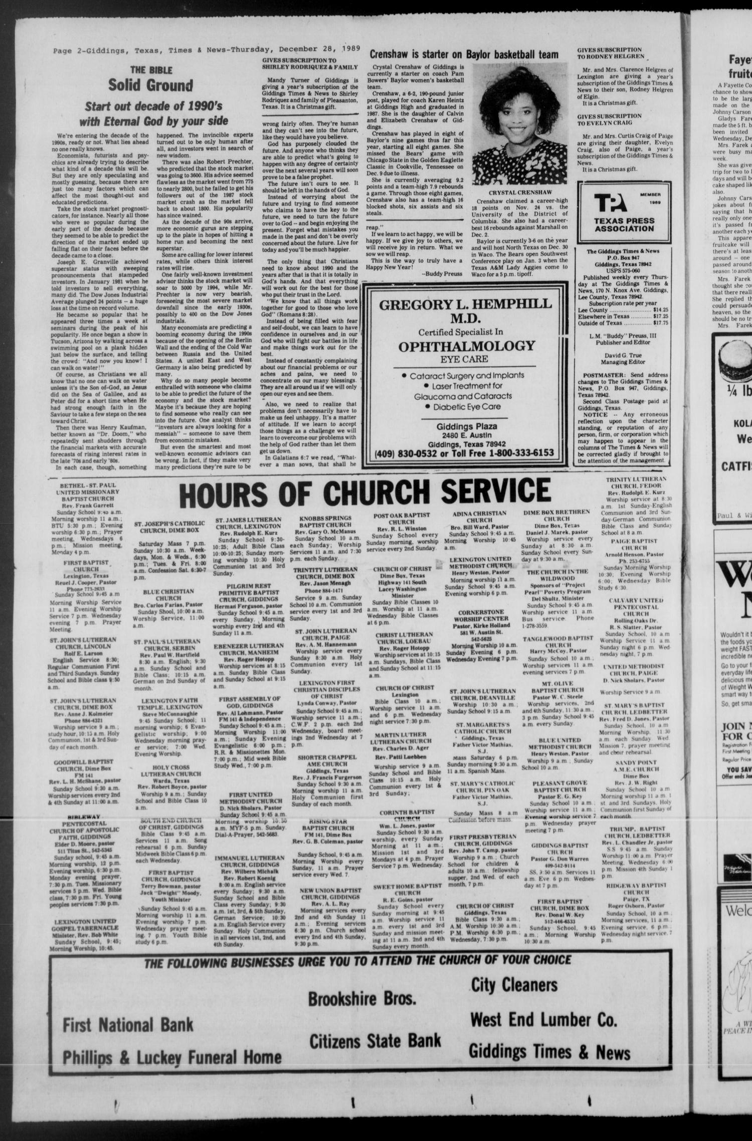 The Giddings Times & News (Giddings, Tex.), Vol. 100, No. 27, Ed. 1 Thursday, December 28, 1989
                                                
                                                    [Sequence #]: 2 of 18
                                                