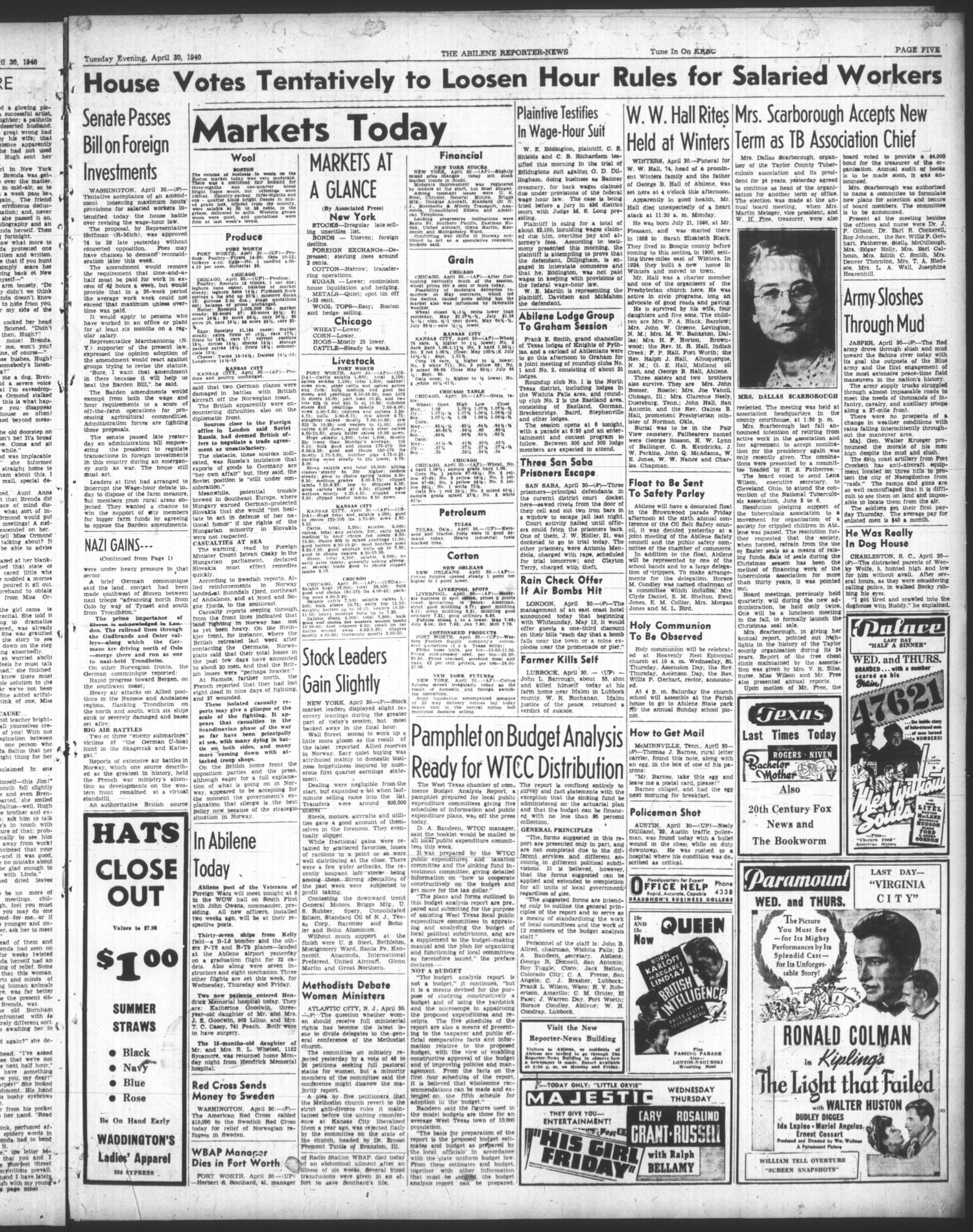The Abilene Reporter-News (Abilene, Tex.), Vol. 59, No. 332, Ed. 2 Tuesday, April 30, 1940
                                                
                                                    [Sequence #]: 5 of 10
                                                